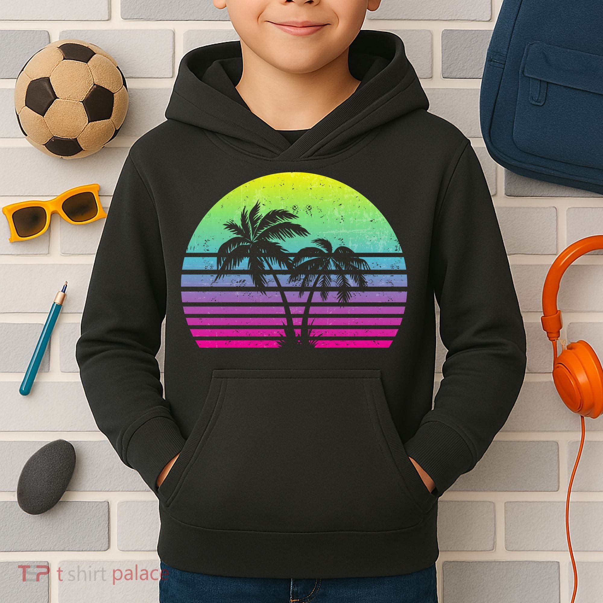 Summertime Synthwave Sunset With Palms Kids Hoodie
