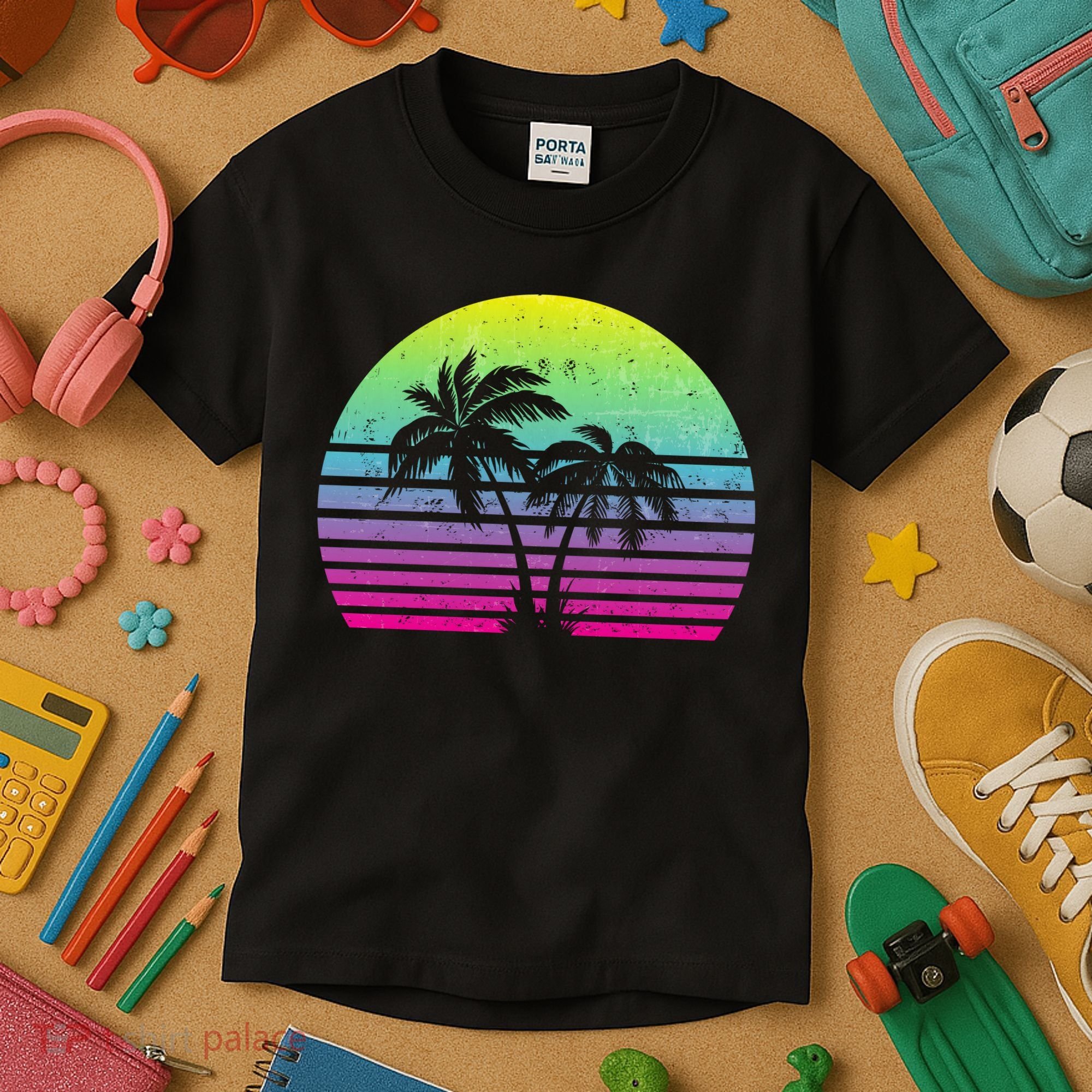 Summertime Synthwave Sunset With Palms Kids T-Shirt