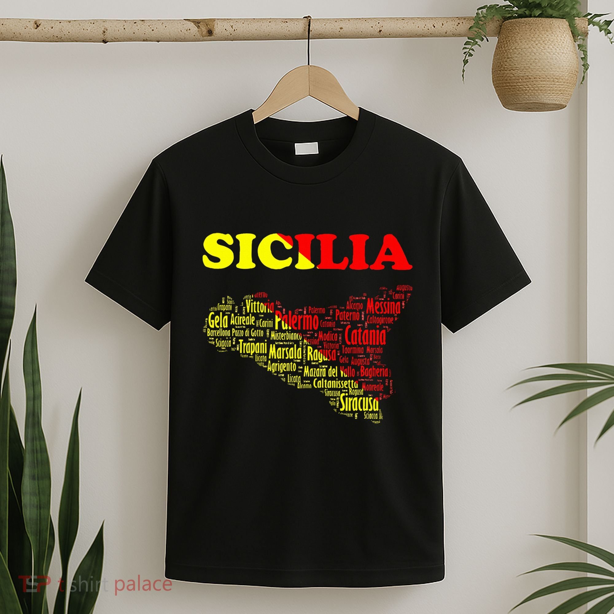 Sicily Souvenir With Map And Names Of Sicilian Cities Italy T-Shirt
