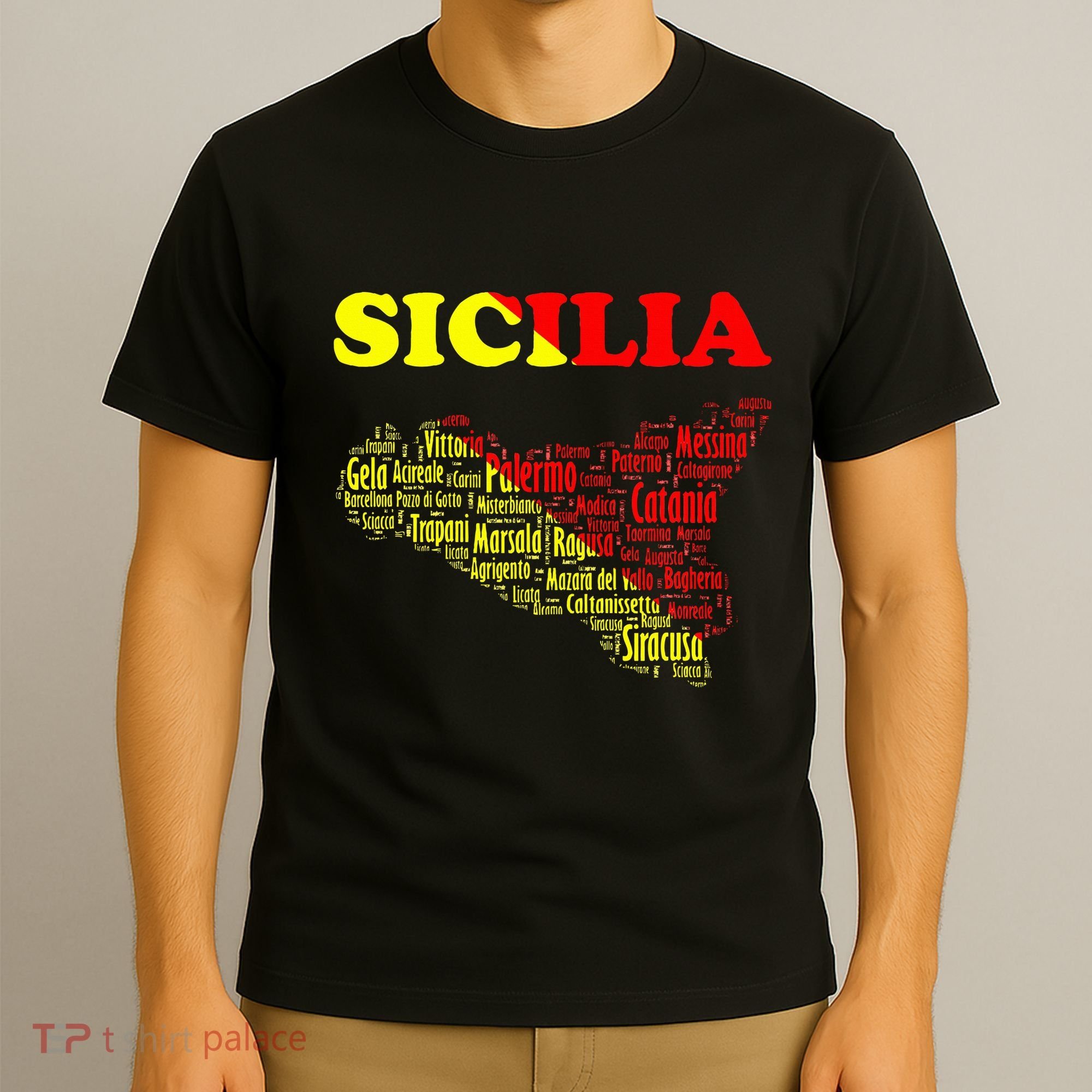 Sicily Souvenir With Map And Names Of Sicilian Cities Italy T-Shirt