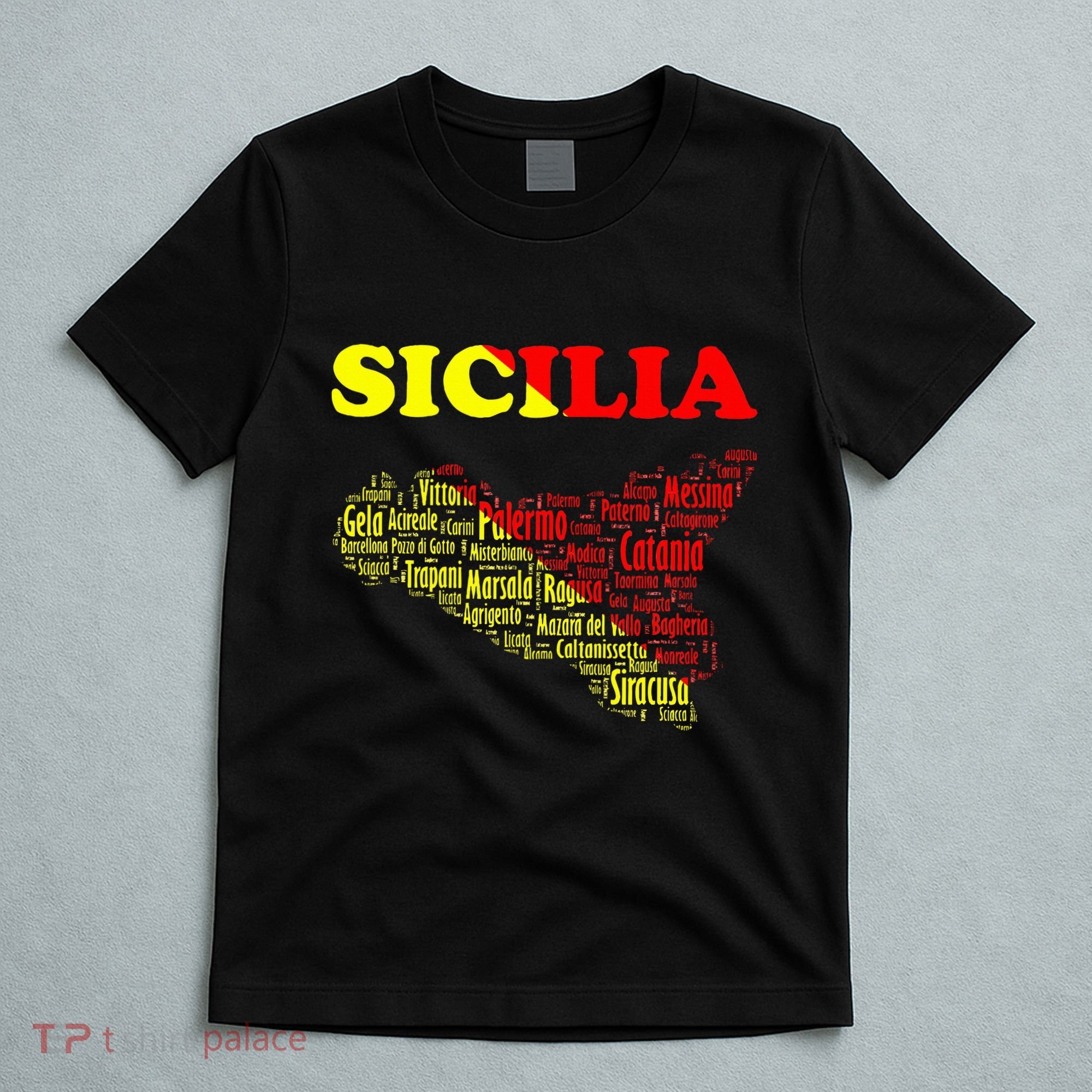 Sicily Souvenir With Map And Names Of Sicilian Cities Italy T-Shirt