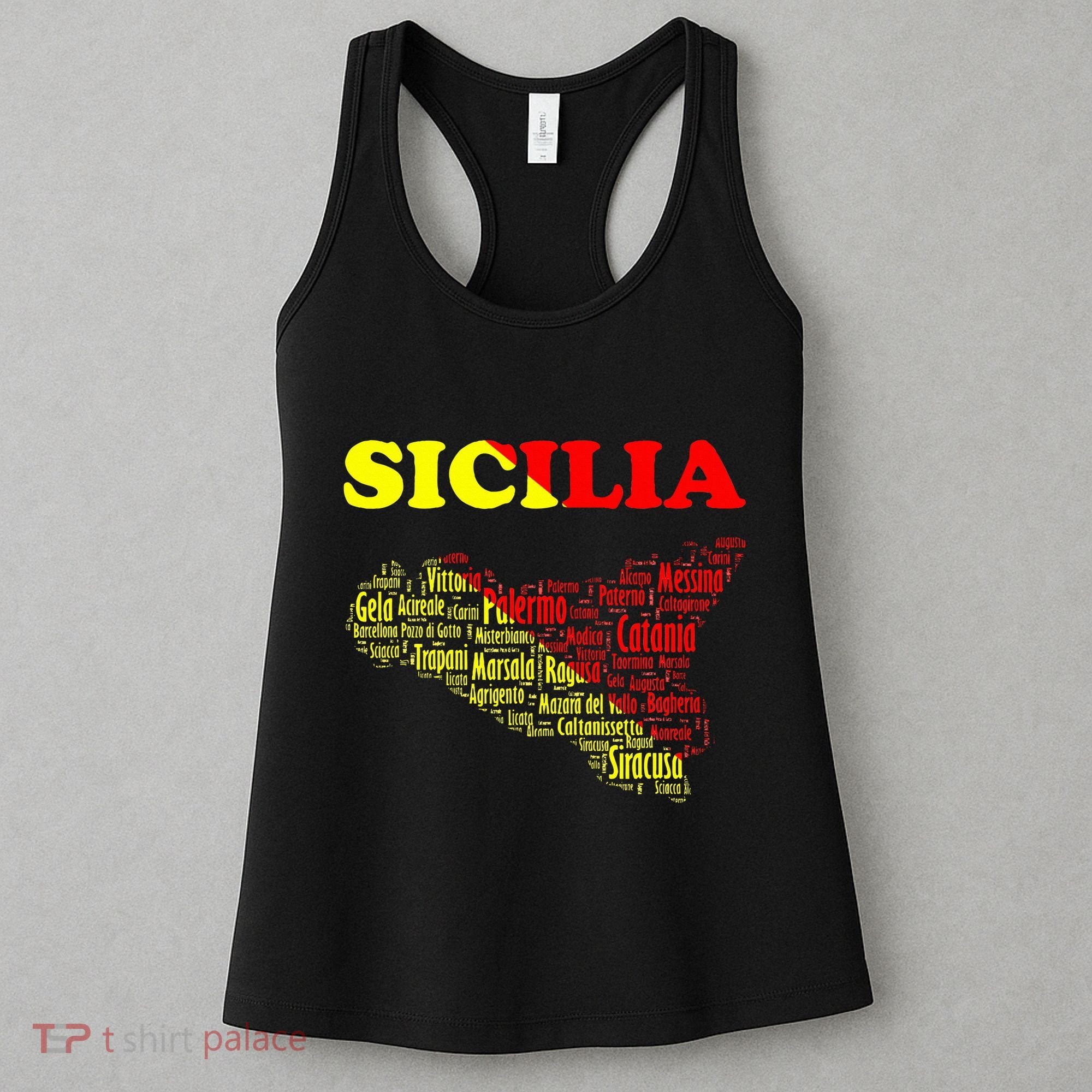 Sicily Souvenir With Map And Names Of Sicilian Cities Italy Women's Tank Top