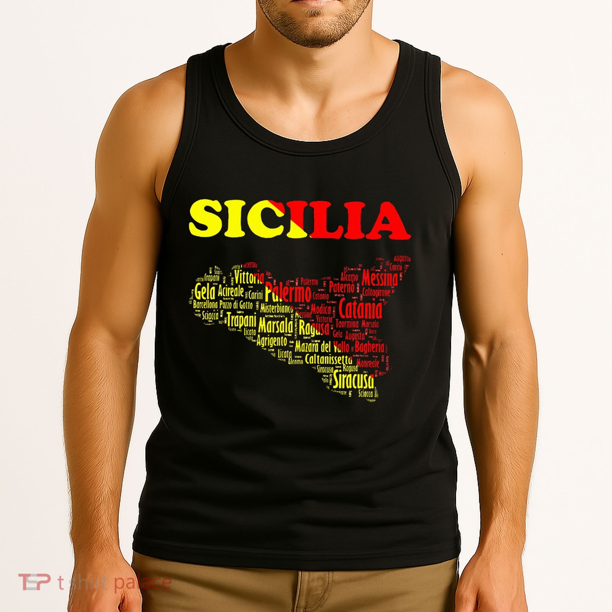 Sicily Souvenir With Map And Names Of Sicilian Cities Italy Tank Top