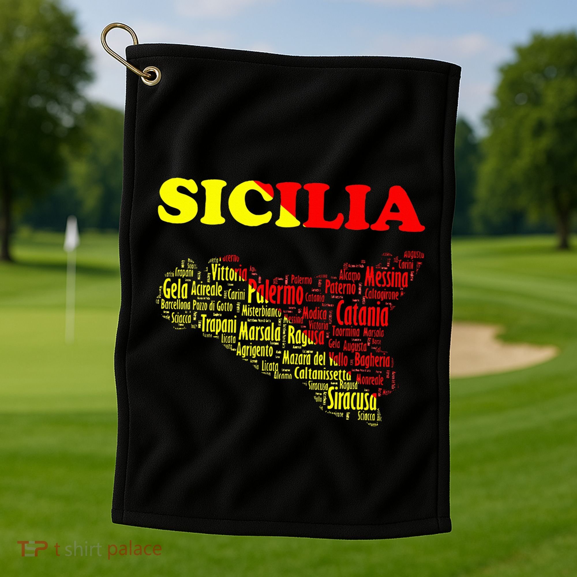 Sicily Souvenir With Map And Names Of Sicilian Cities Italy Golf Towel