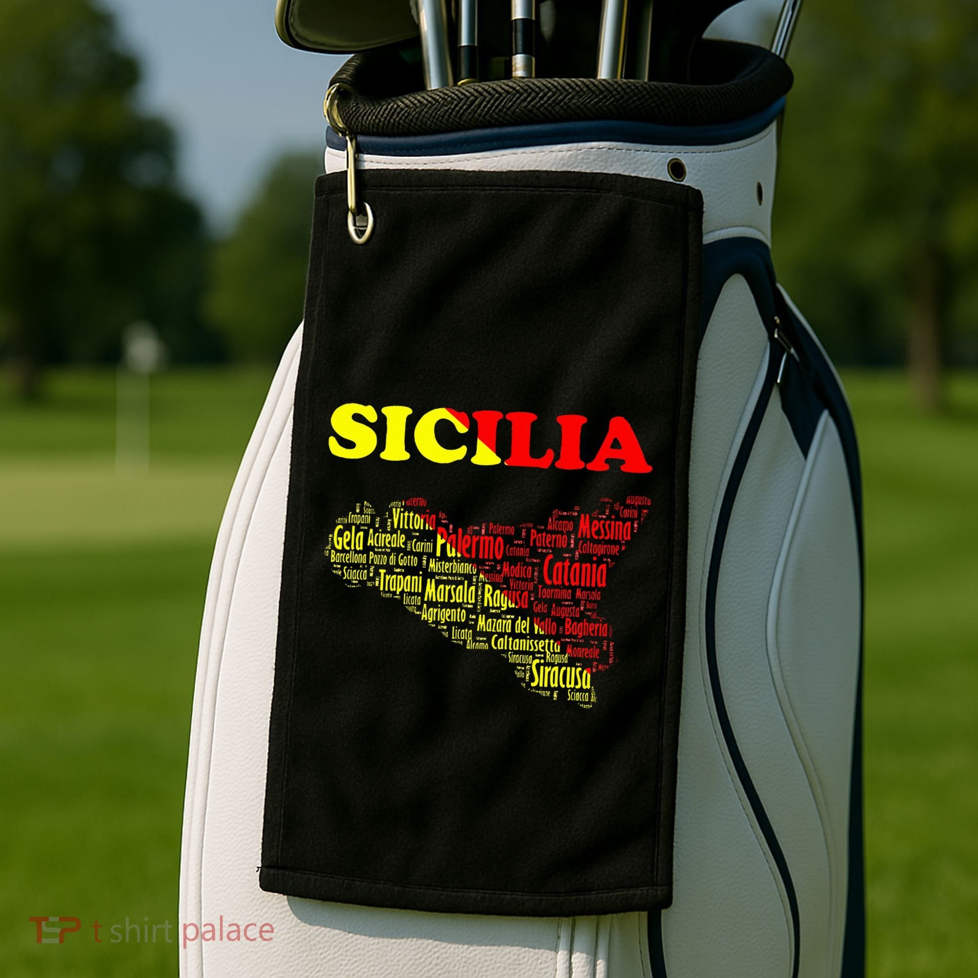 Sicily Souvenir With Map And Names Of Sicilian Cities Italy Golf Towel