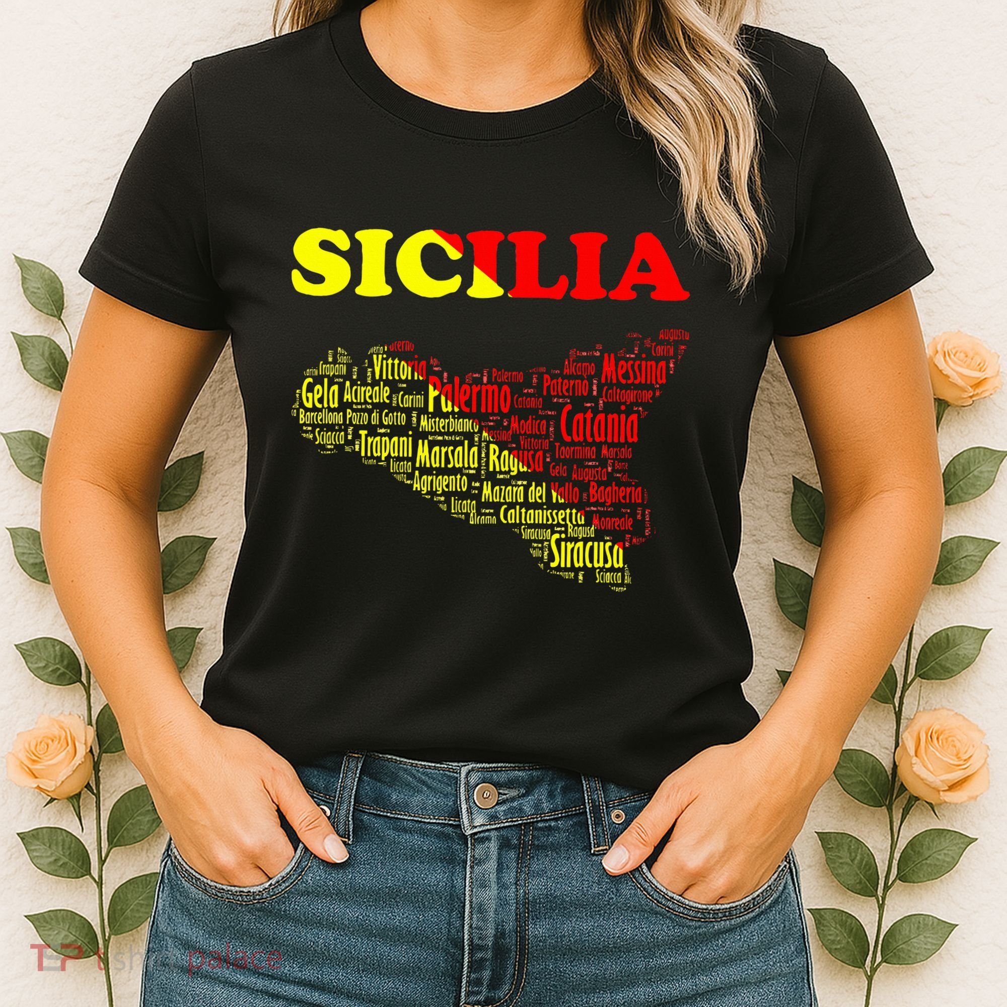 Sicily Souvenir With Map And Names Of Sicilian Cities Italy Women's T-Shirt