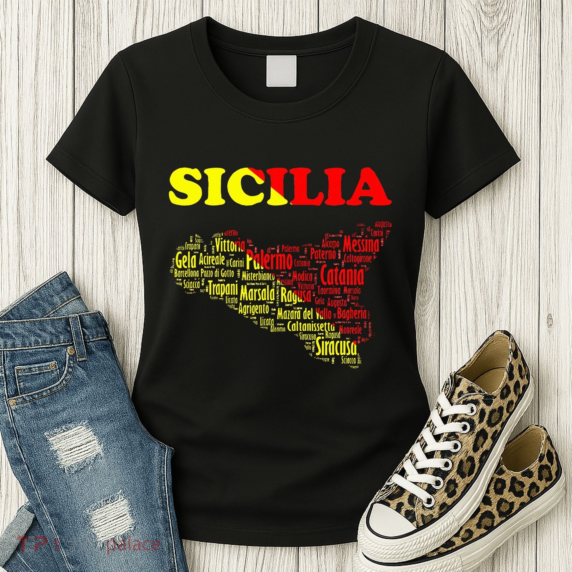 Sicily Souvenir With Map And Names Of Sicilian Cities Italy Women's T-Shirt