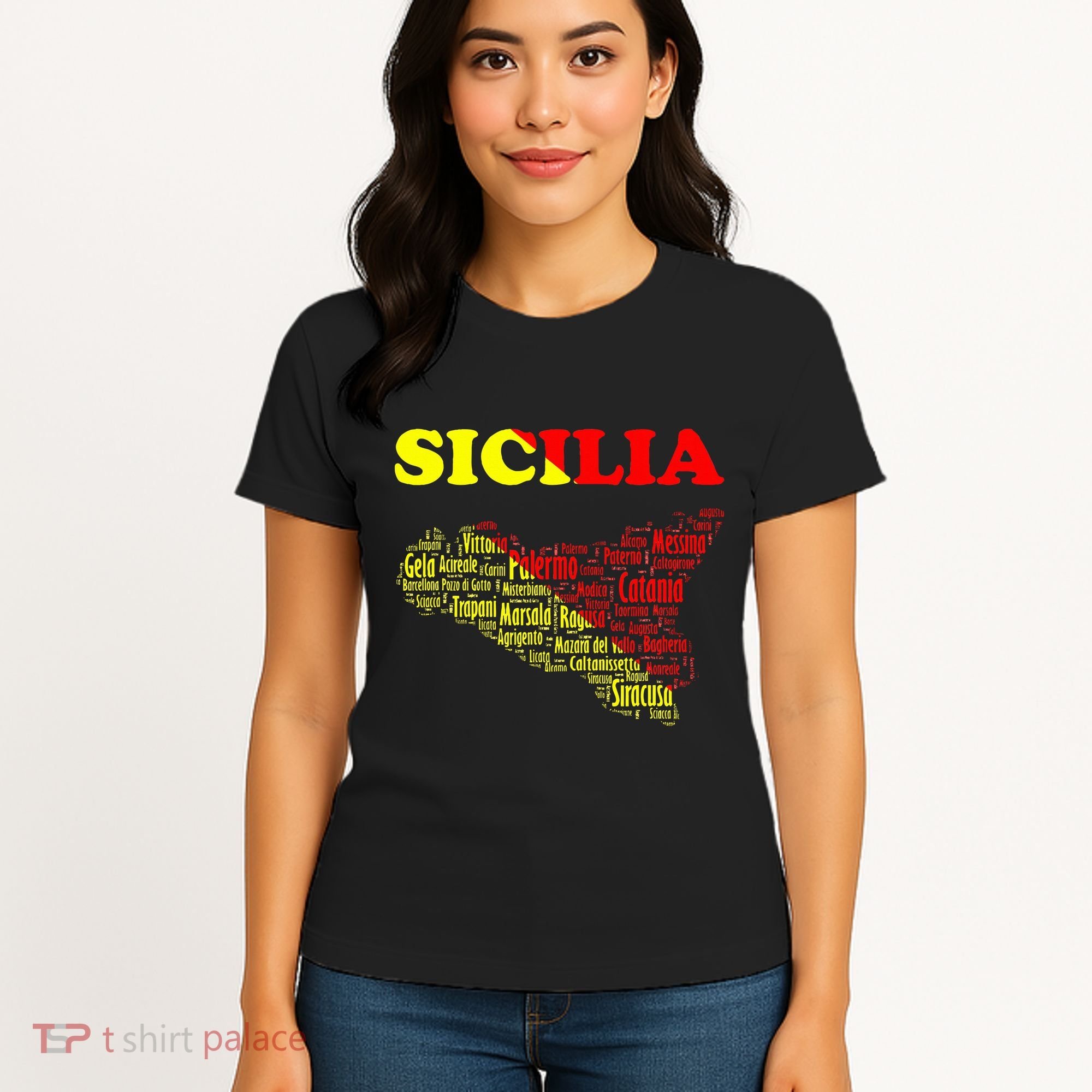 Sicily Souvenir With Map And Names Of Sicilian Cities Italy Women's T-Shirt