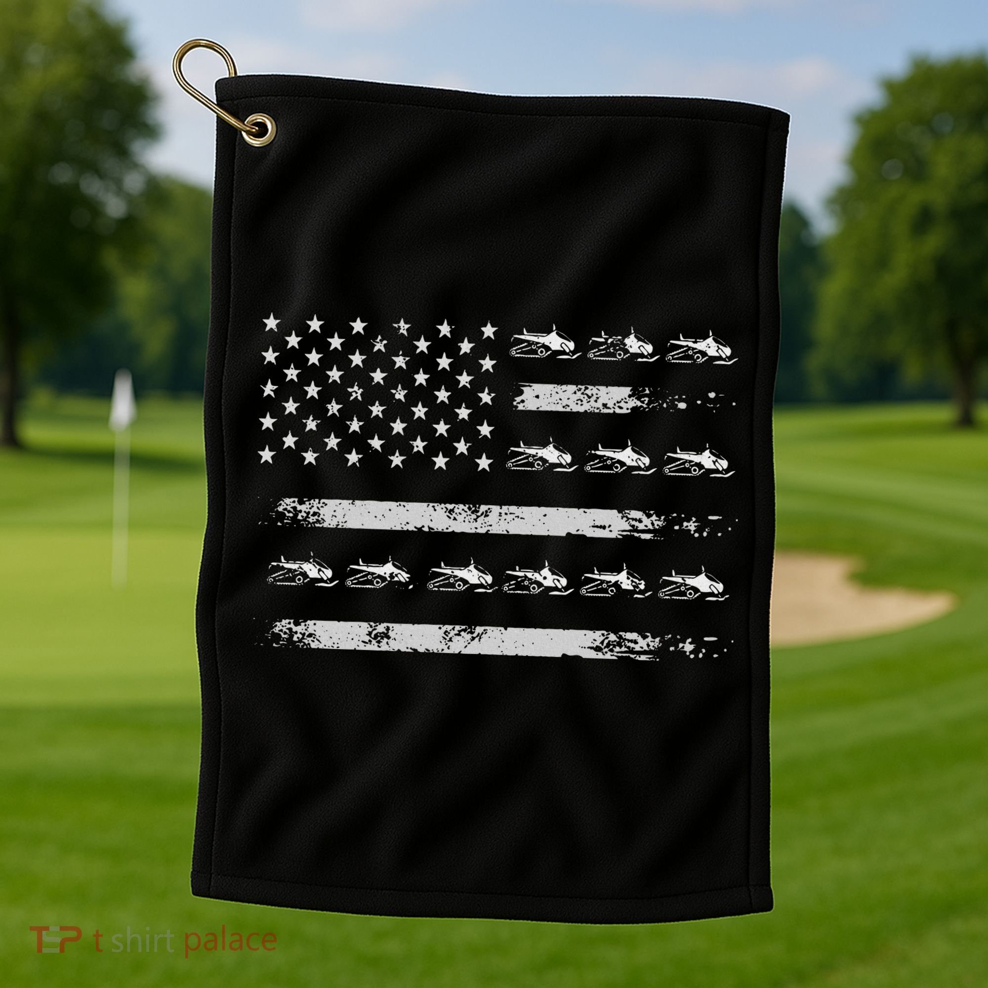 Snowmobile Sledding Winter Snow US Flag Snowmobiling Golf Towel