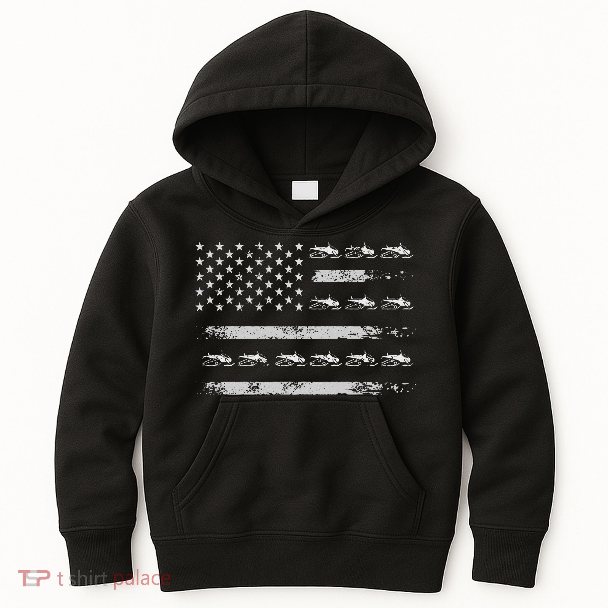 Snowmobile Sledding Winter Snow US Flag Snowmobiling Kids Hoodie