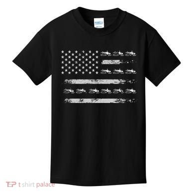 Snowmobile Sledding Winter Snow US Flag Snowmobiling Kids T-Shirt