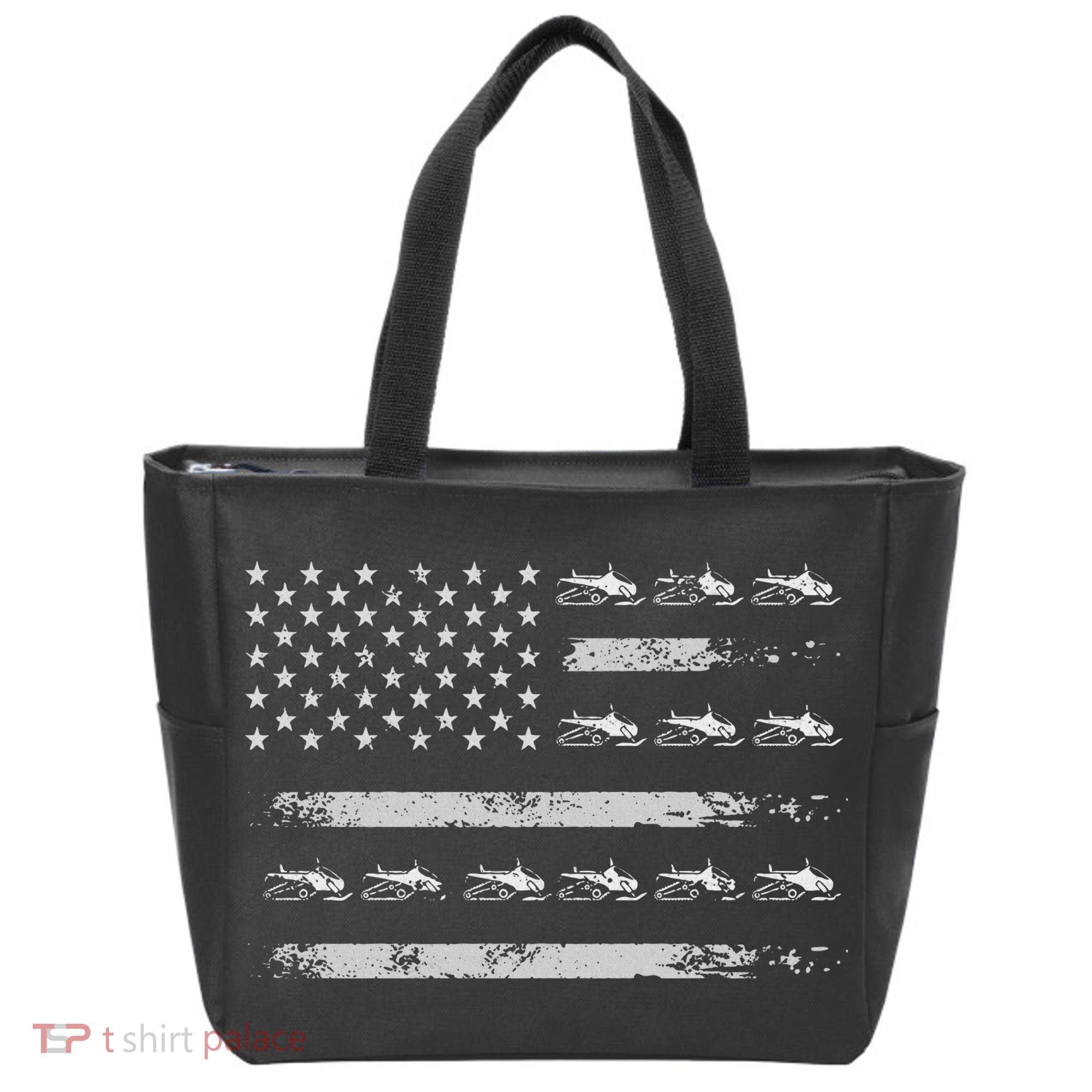 Snowmobile Sledding Winter Snow US Flag Snowmobiling Tote Bag
