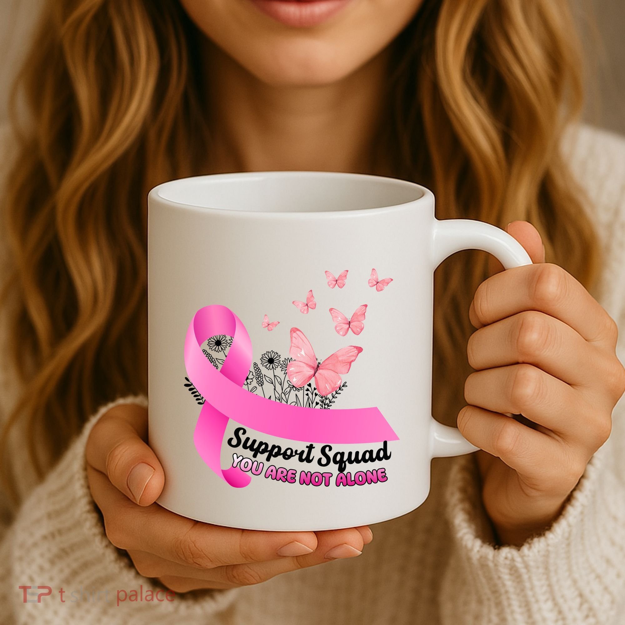 Support Squad You Are Not Alone Breast Cancer Butterfly Ribbon Coffee Mug