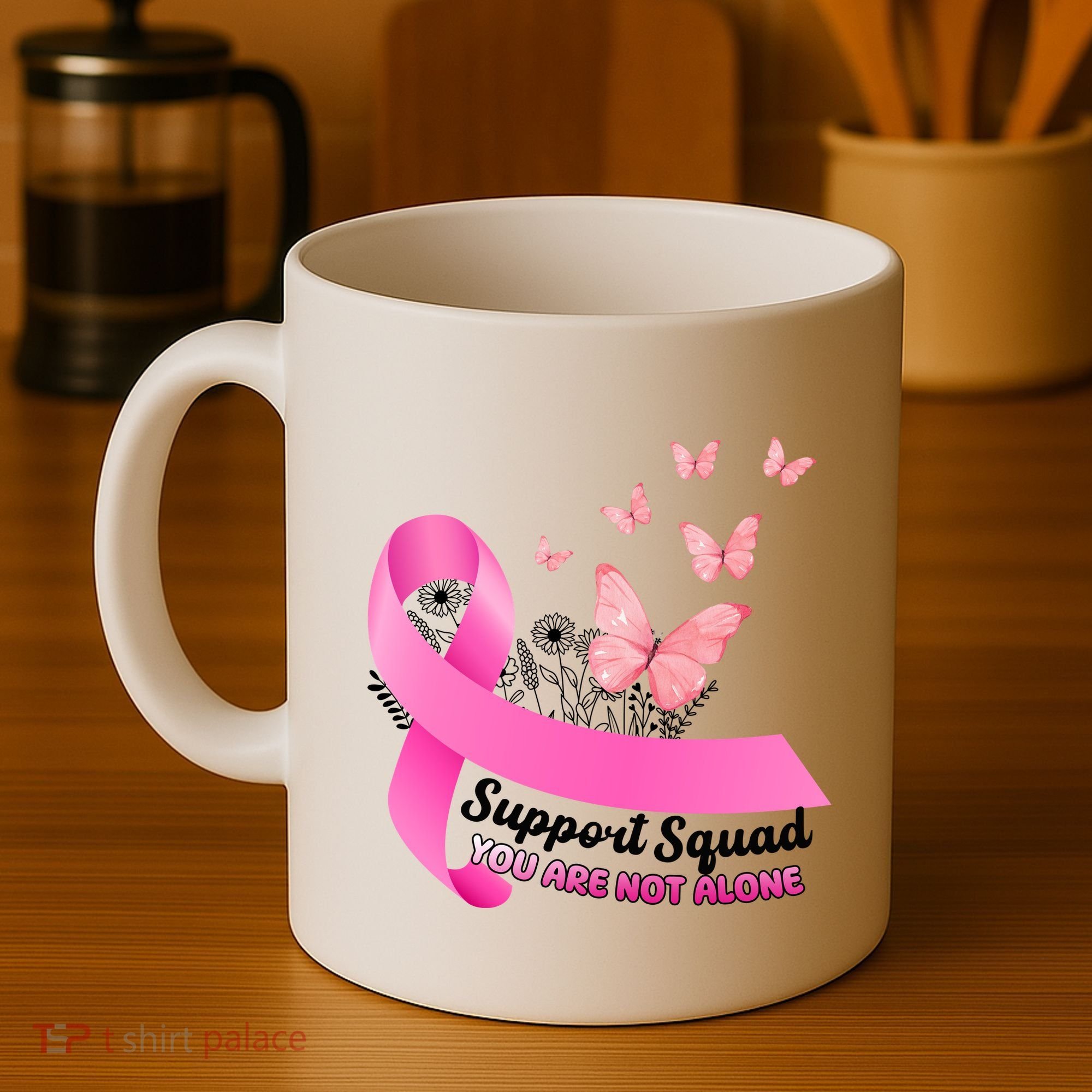 Support Squad You Are Not Alone Breast Cancer Butterfly Ribbon Coffee Mug