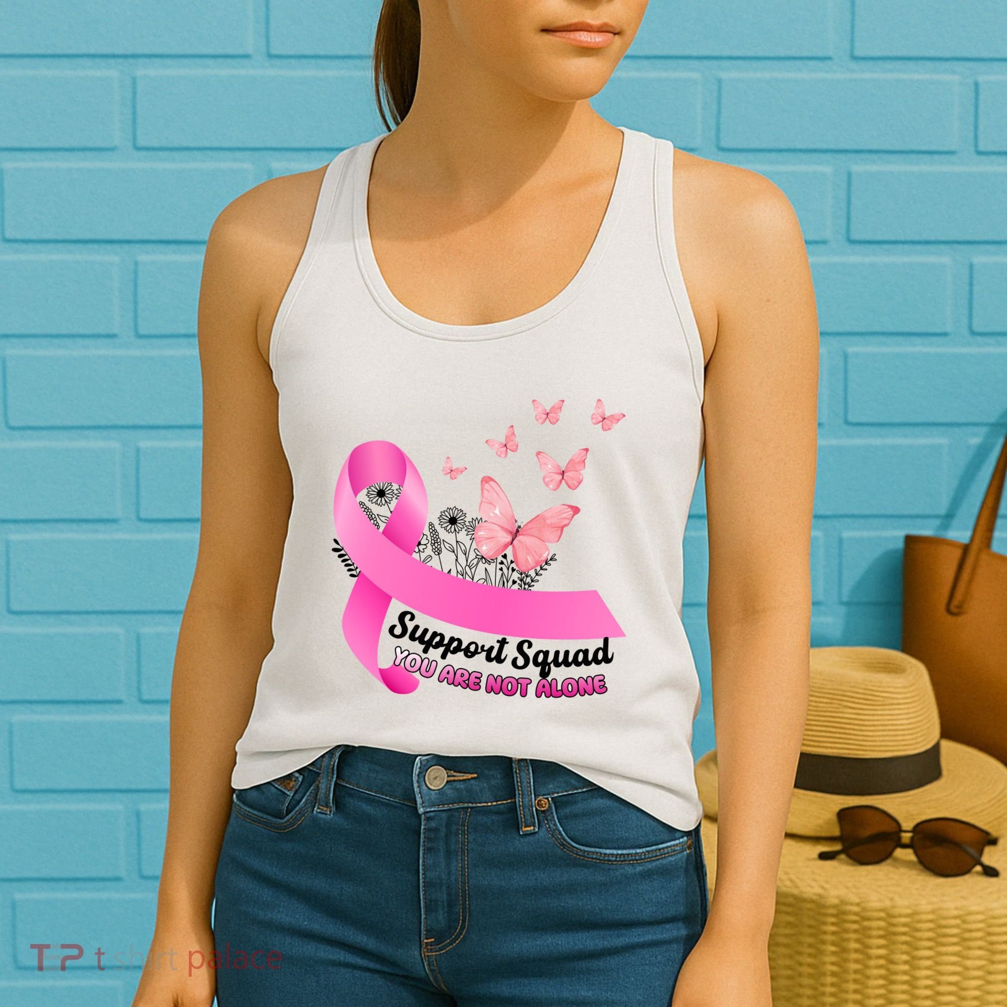 Support Squad You Are Not Alone Breast Cancer Butterfly Ribbon Women's Tank Top