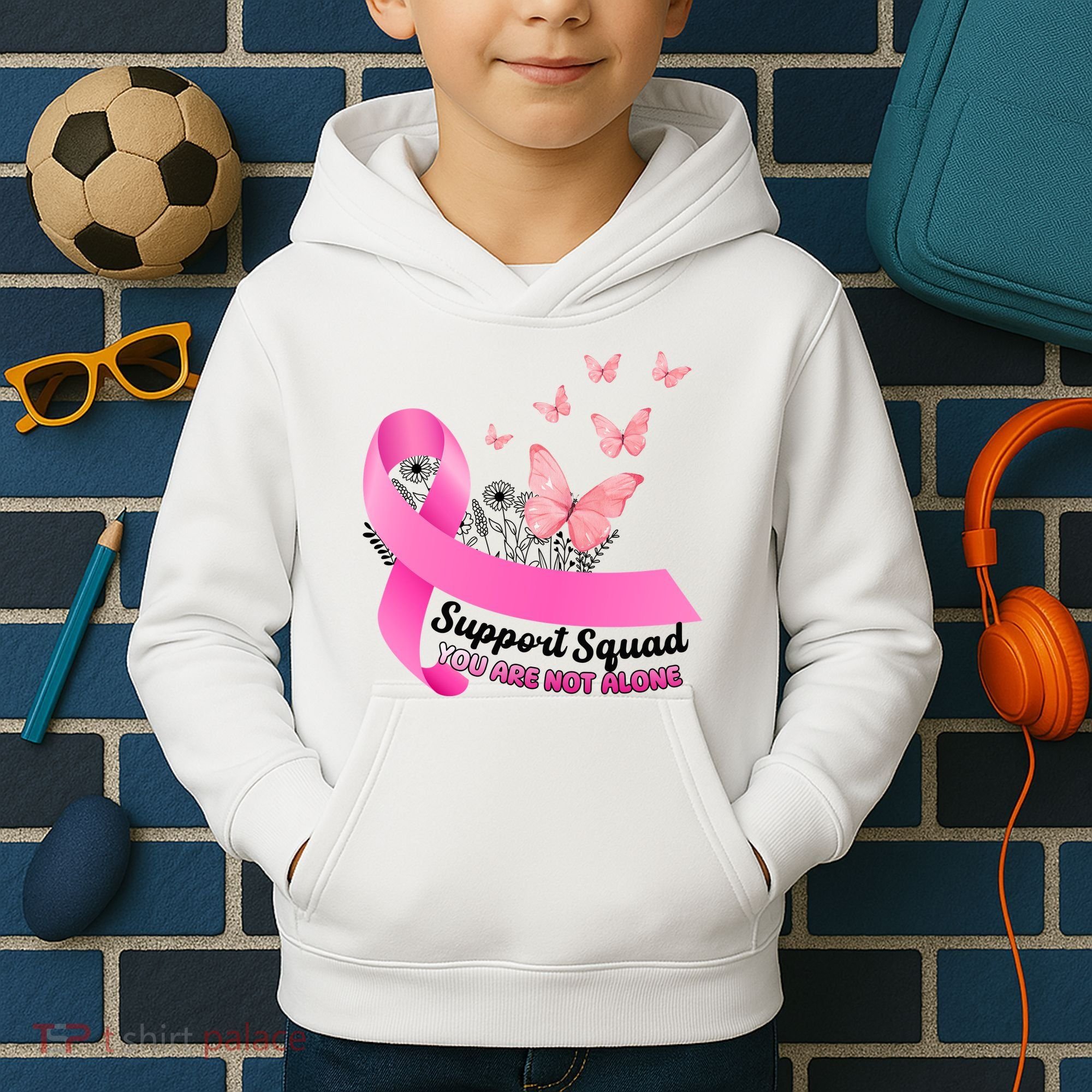 Support Squad You Are Not Alone Breast Cancer Butterfly Ribbon Kids Hoodie