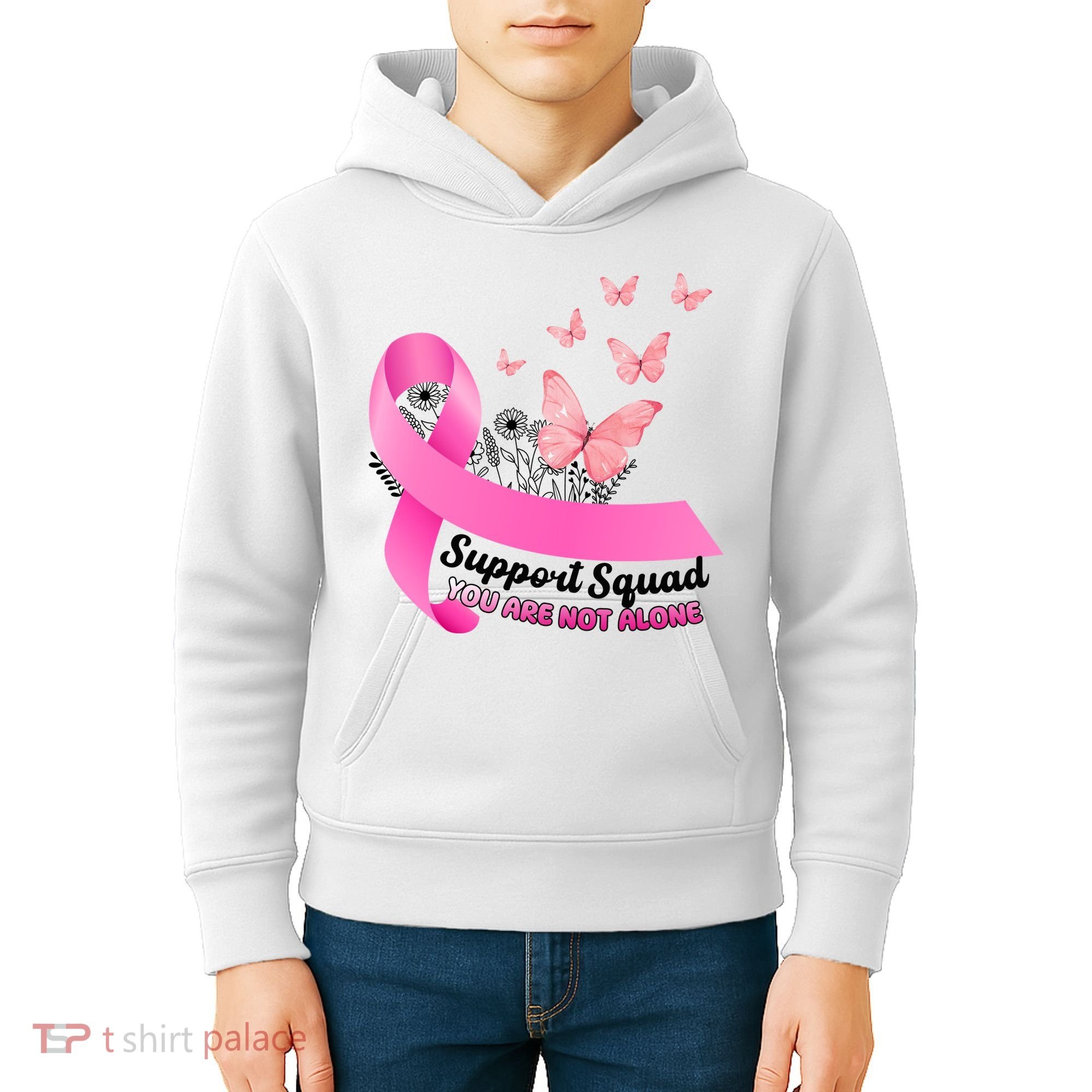 Support Squad You Are Not Alone Breast Cancer Butterfly Ribbon Kids Hoodie