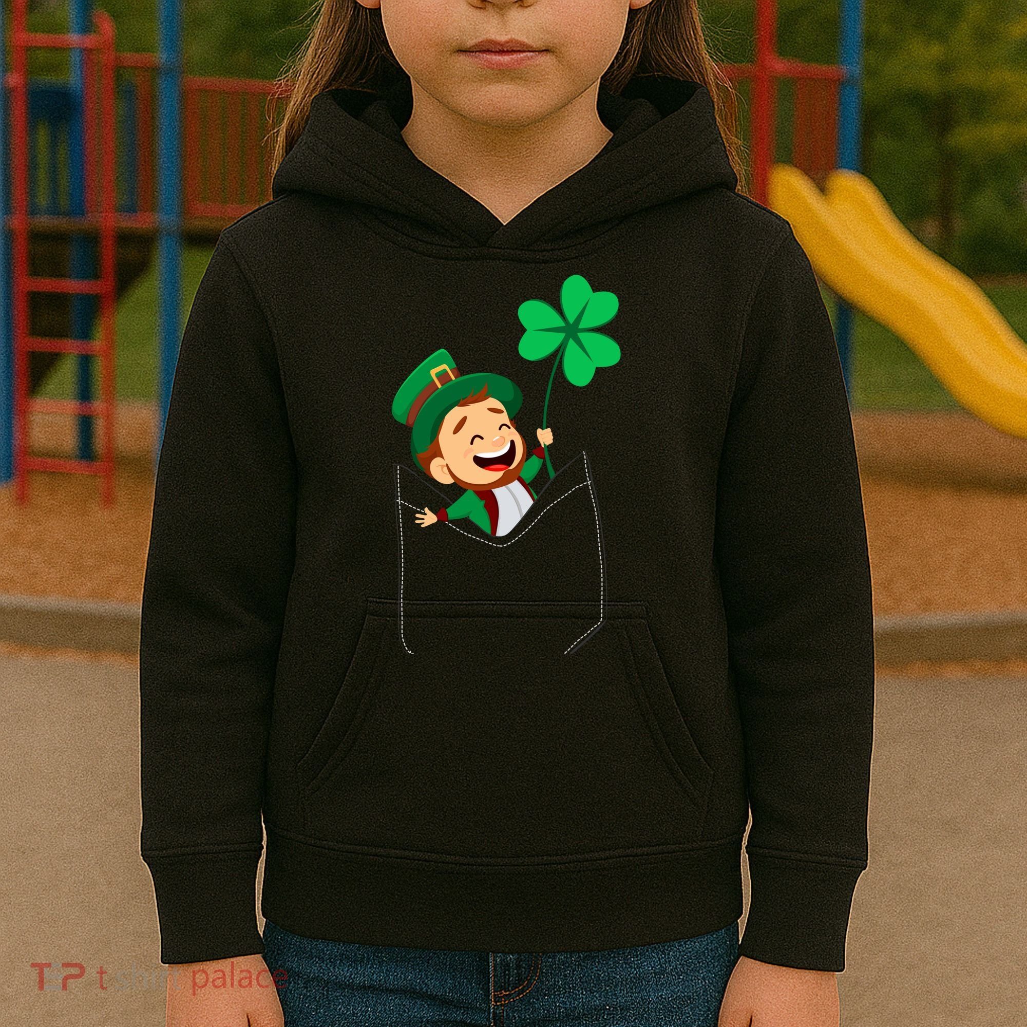 St. Patrick's Day Pocket Leprechaun Clover Kids Hoodie