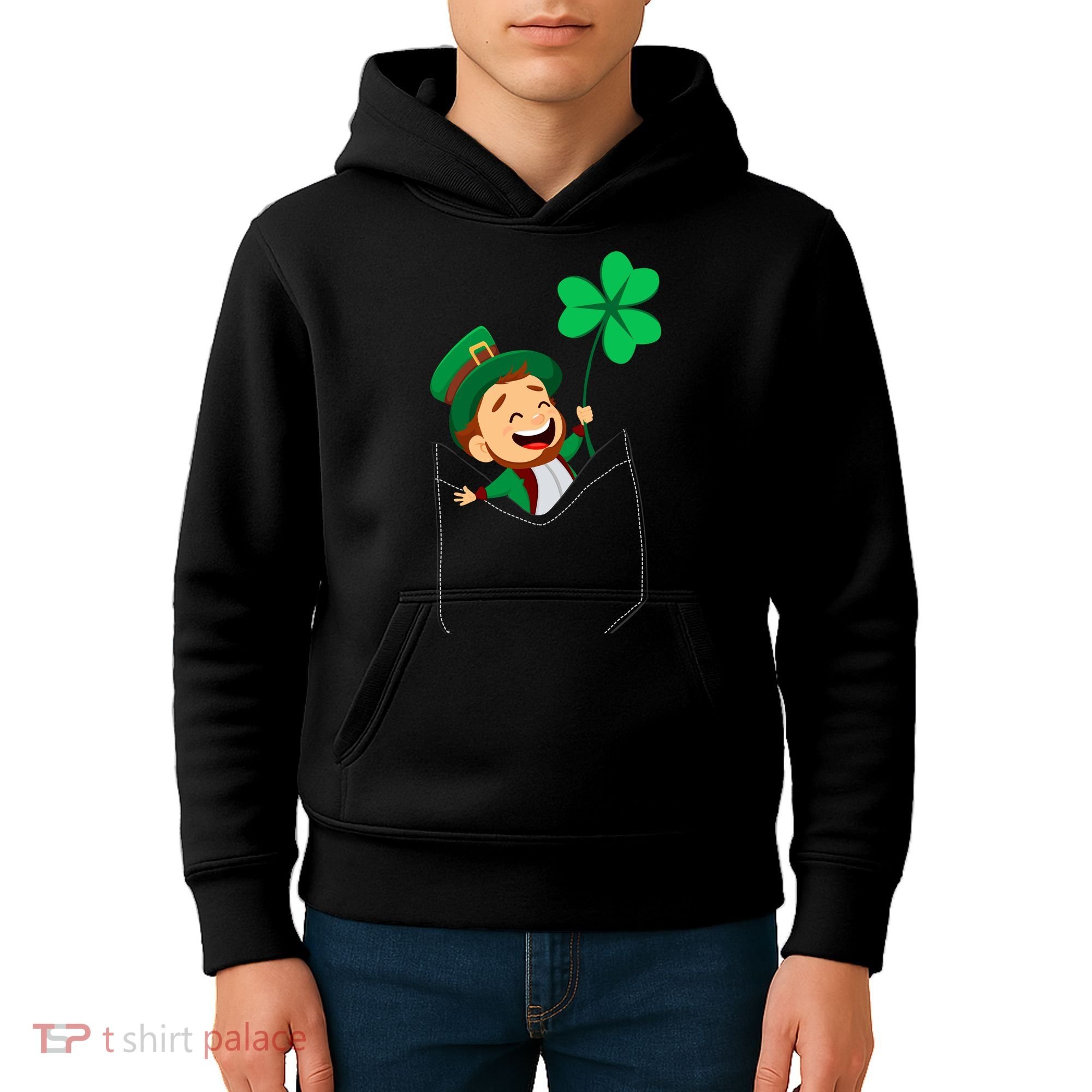 St. Patrick's Day Pocket Leprechaun Clover Kids Hoodie