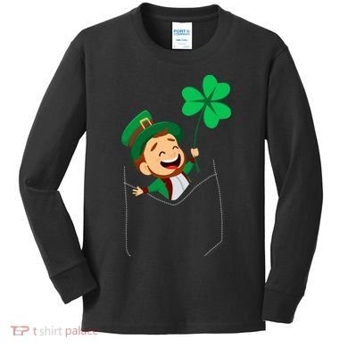 St. Patrick's Day Pocket Leprechaun Clover Kids Long Sleeve Shirt