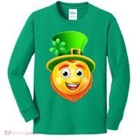 St. Patrick's Day Shamrock Leprechaun Emoji Smiley Kids Long Sleeve Shirt thumb 0