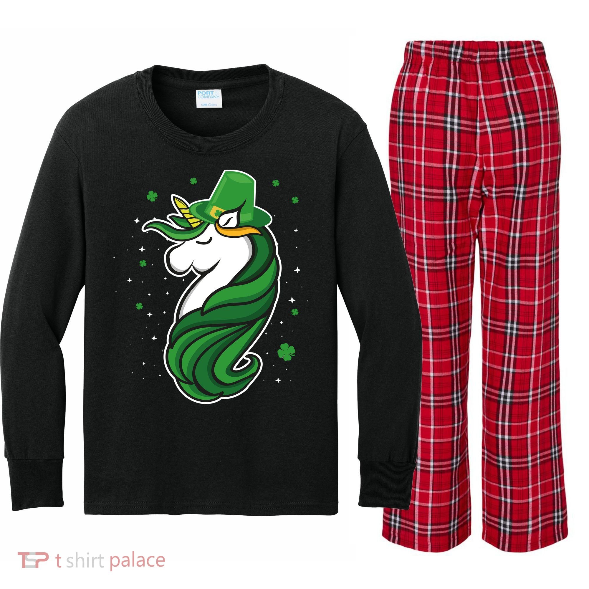 St. Patrick's Day Unicorn Kids Long Sleeve Plaid Pajama Set