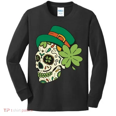 St Patricks Clover Skull Kids Long Sleeve Shirt