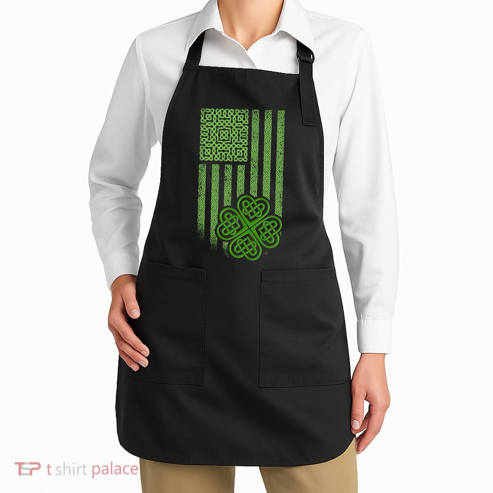 St Patrick's Day Celtic Shamrock US American Flag Apron