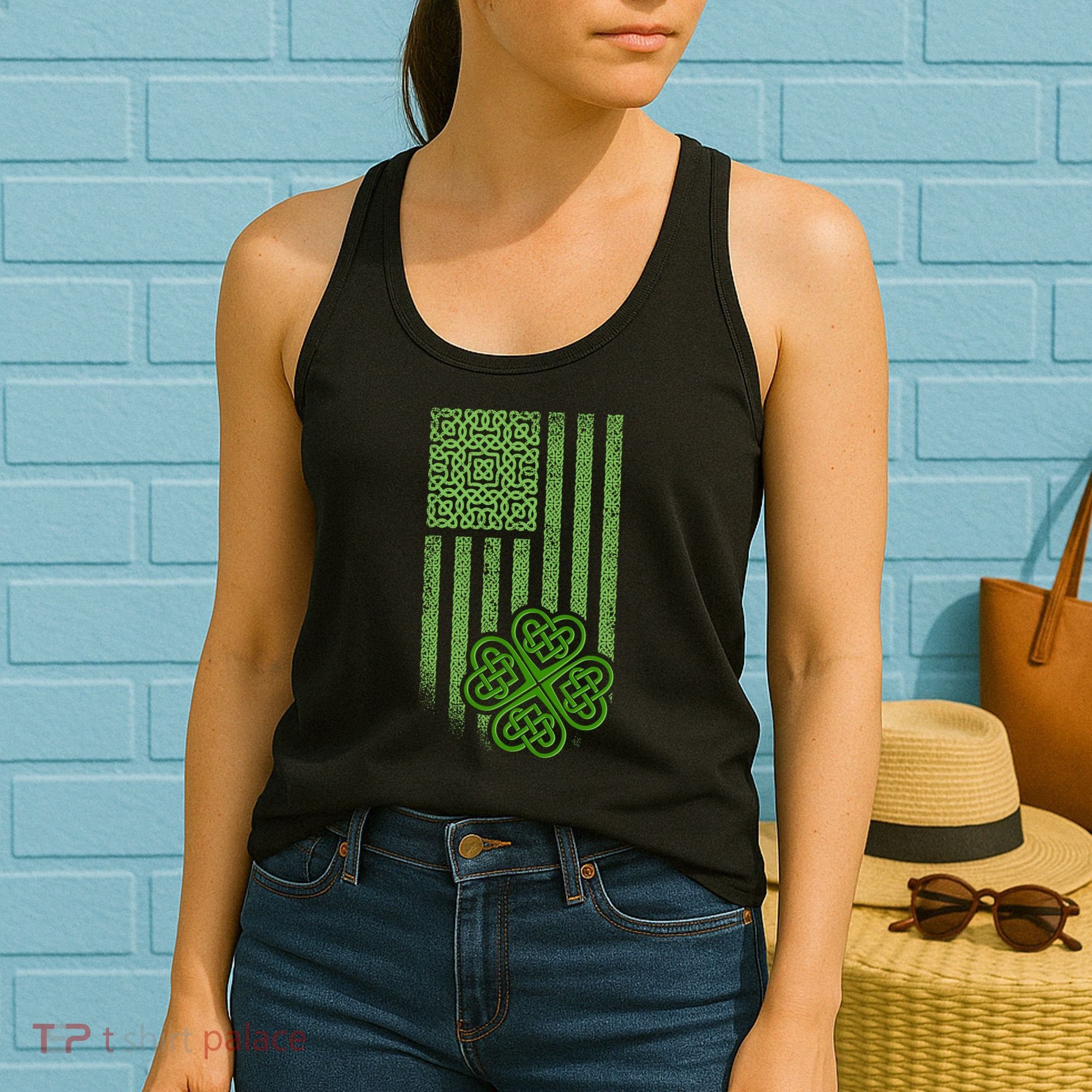 St Patrick's Day Celtic Shamrock US American Flag Women's Tank Top