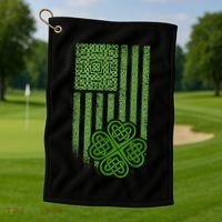 St Patrick's Day Celtic Shamrock US American Flag Golf Towel thumb 1
