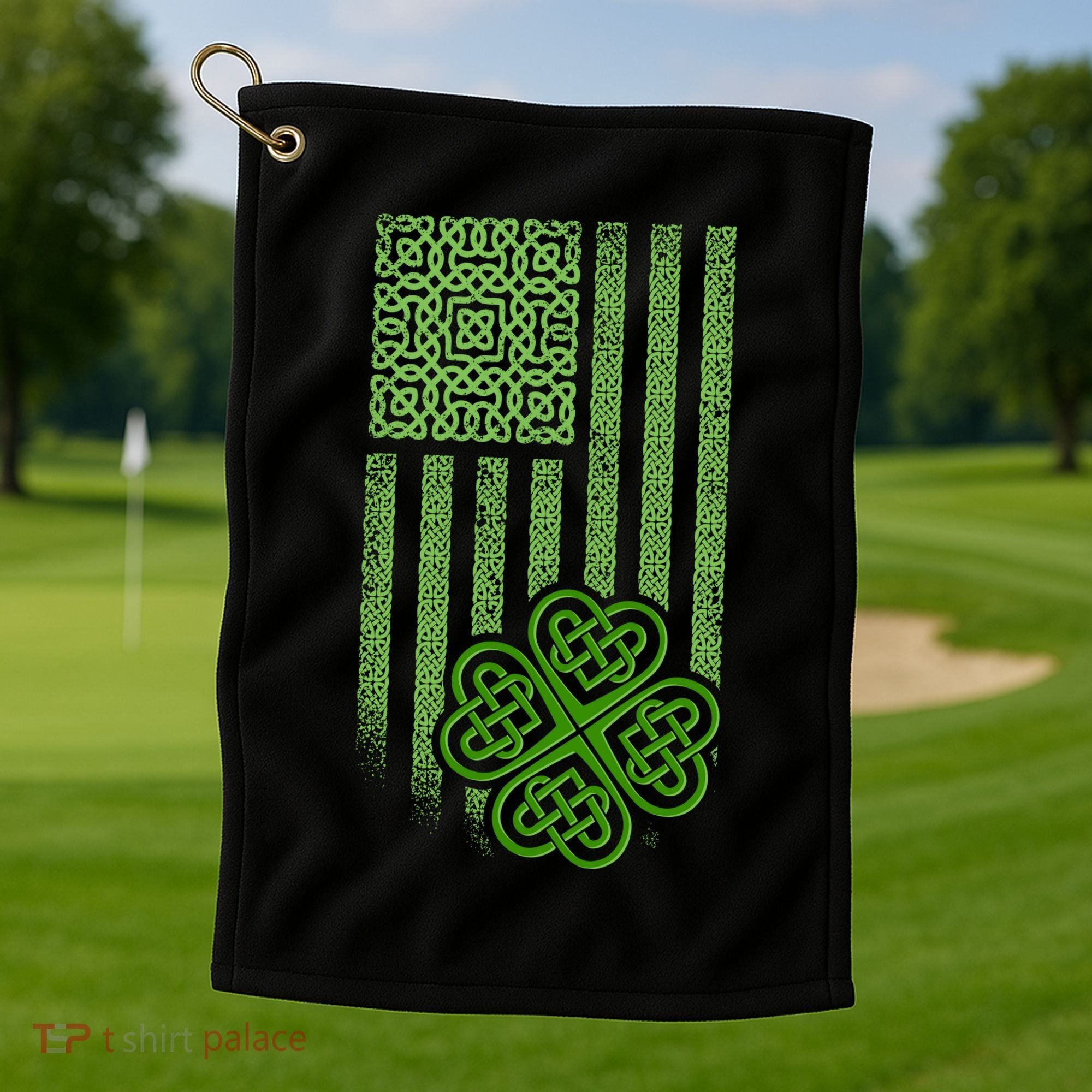 St Patrick's Day Celtic Shamrock US American Flag Golf Towel