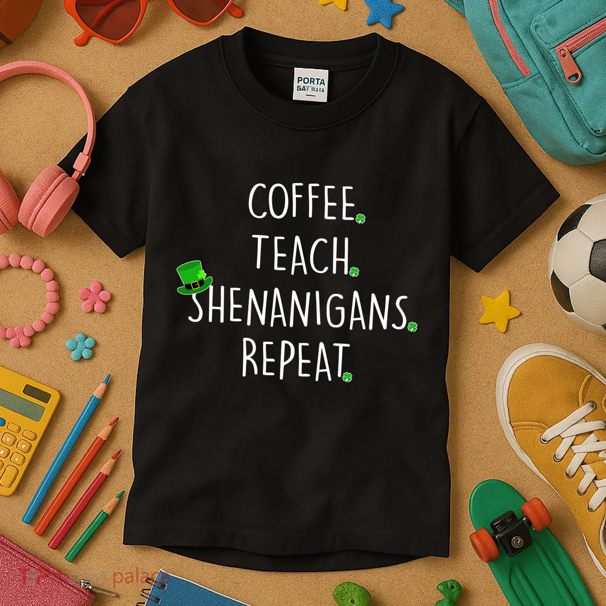 St Patrick's Day Coffee Teach Shenanigans Repeat Kids T-Shirt