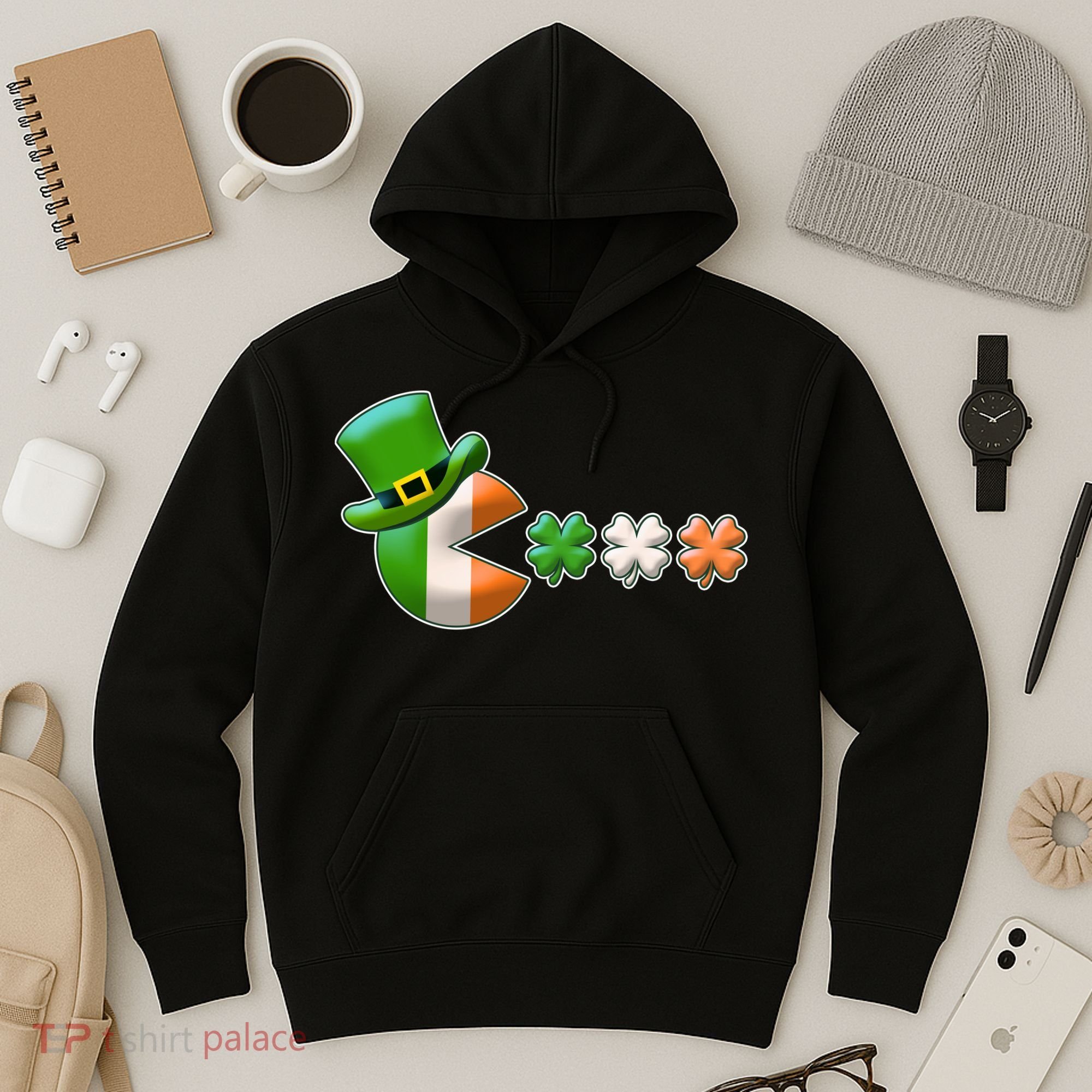 St Patrick's Day Irish Flag Pac Man Shamrocks Hoodie