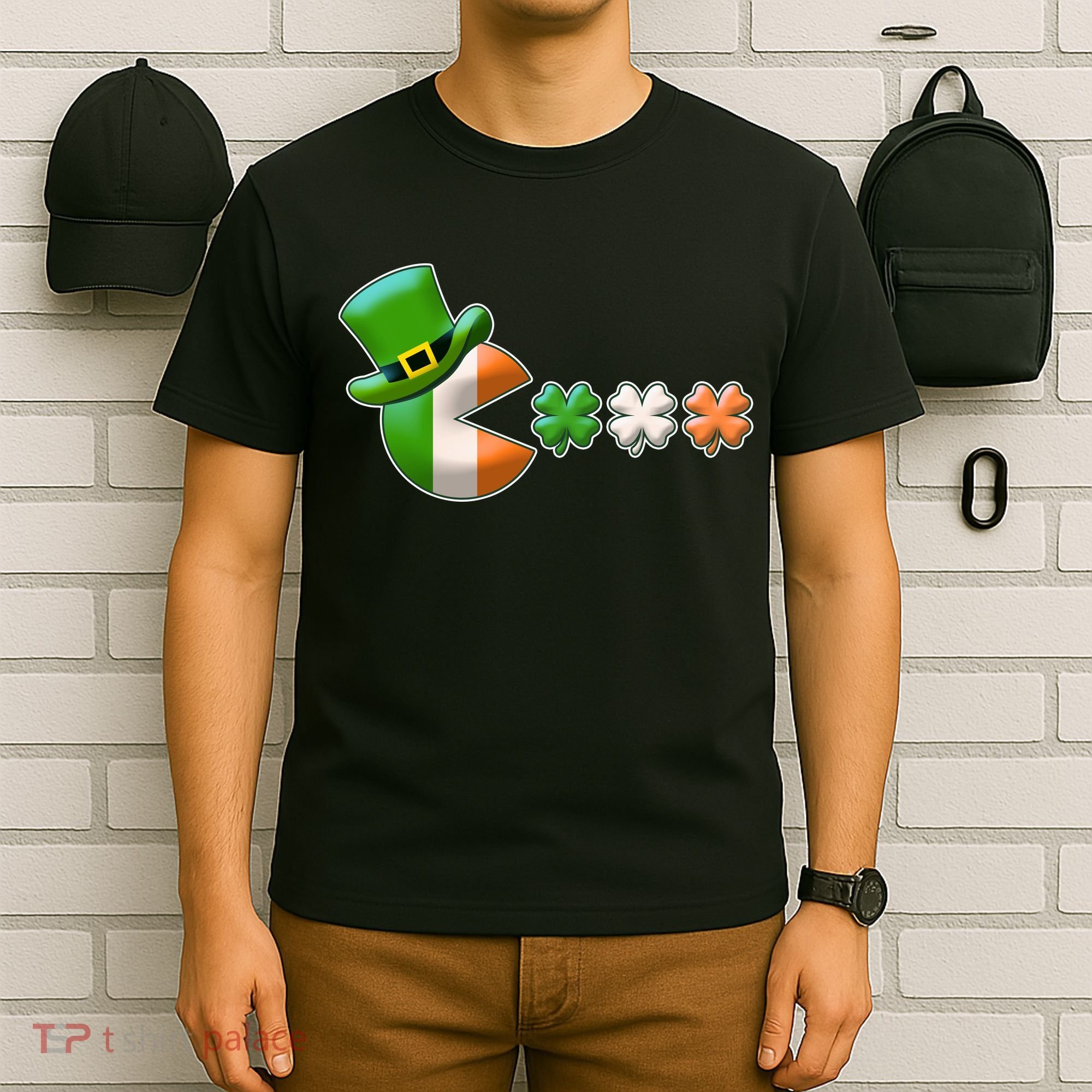 St Patrick's Day Irish Flag Pac Man Shamrocks T-Shirt