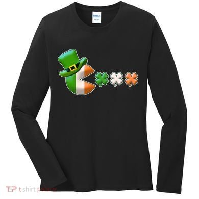 St Patrick's Day Irish Flag Pac Man Shamrocks Women's Long Sleeve Shirt