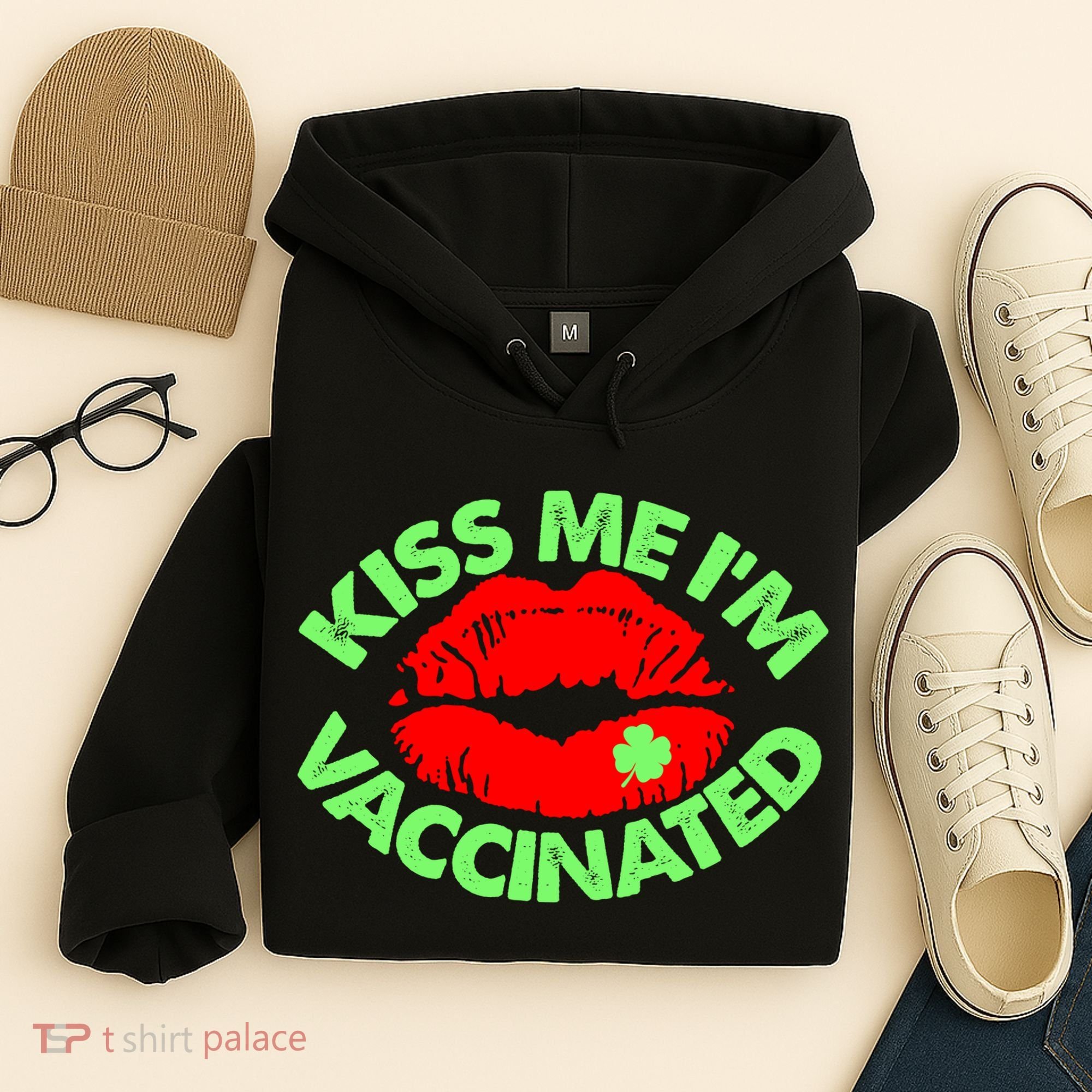 St Patrick's Day Kiss Me I'm Vaccinated Lipstick Shamrock Hoodie