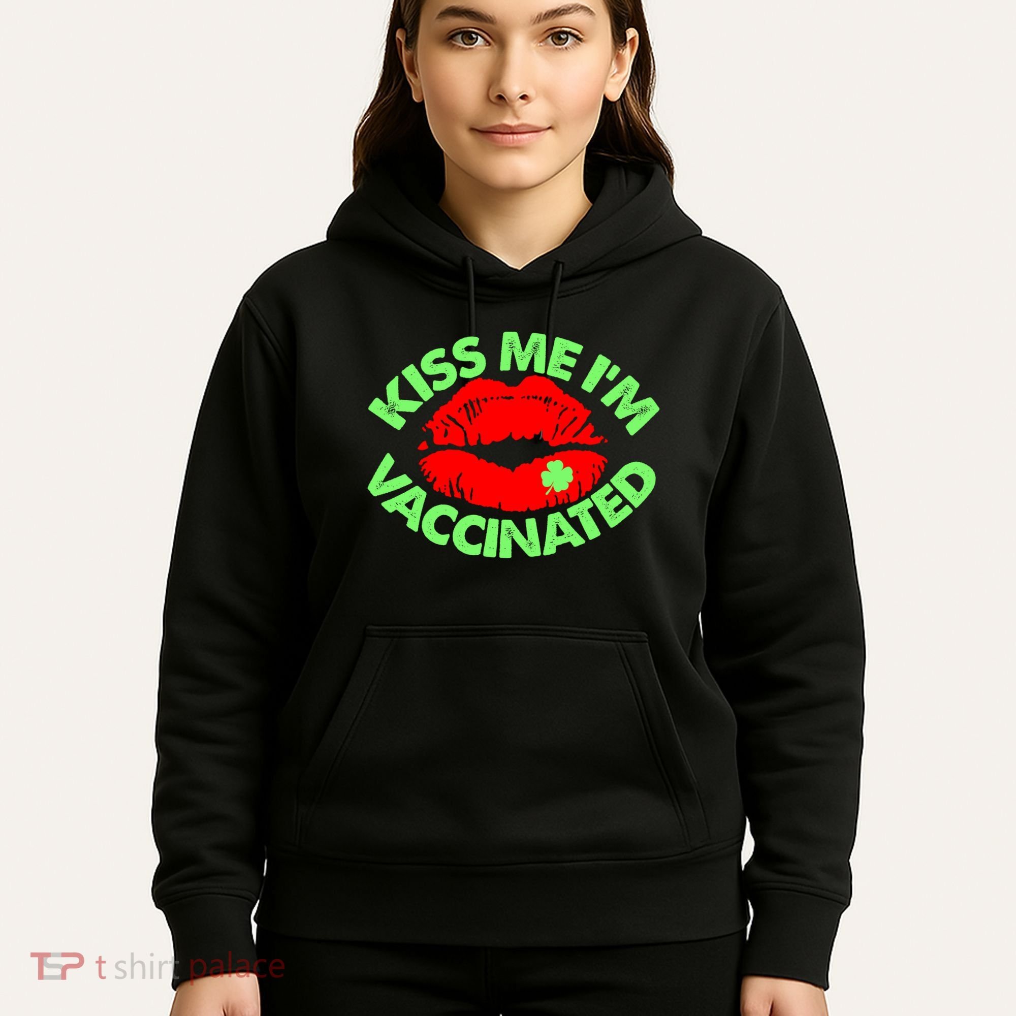 St Patrick's Day Kiss Me I'm Vaccinated Lipstick Shamrock Hoodie