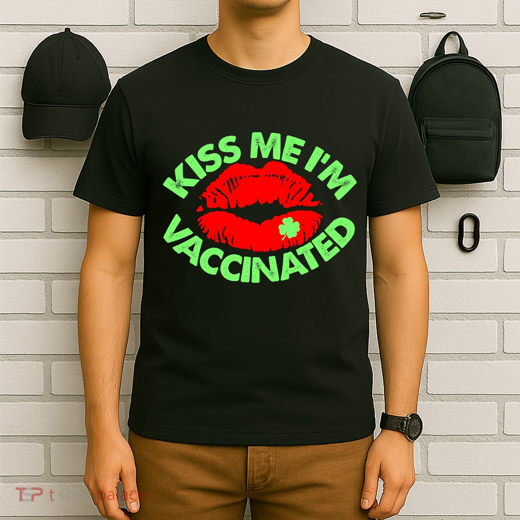St Patrick's Day Kiss Me I'm Vaccinated Lipstick Shamrock T-Shirt