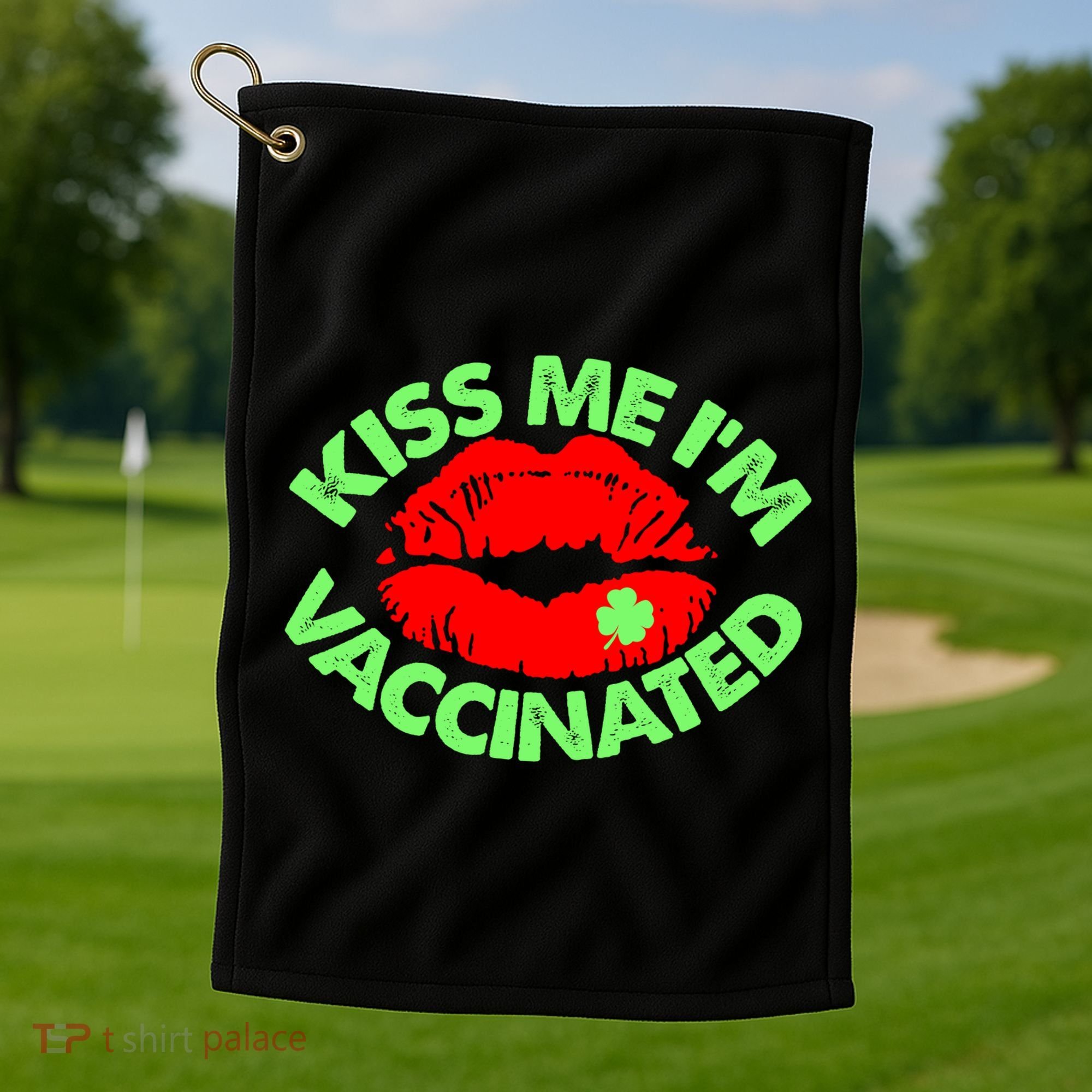 St Patrick's Day Kiss Me I'm Vaccinated Lipstick Shamrock Golf Towel