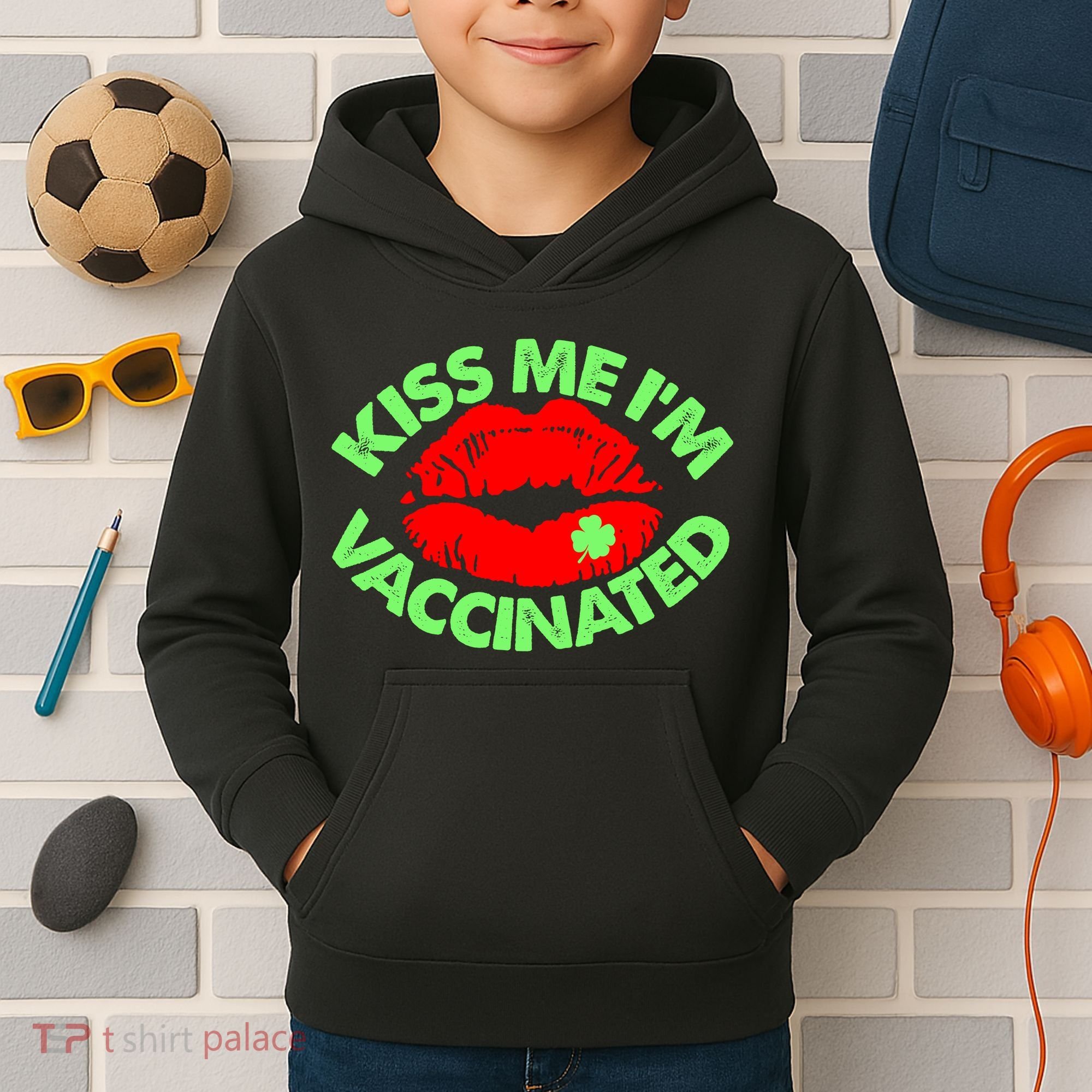 St Patrick's Day Kiss Me I'm Vaccinated Lipstick Shamrock Kids Hoodie