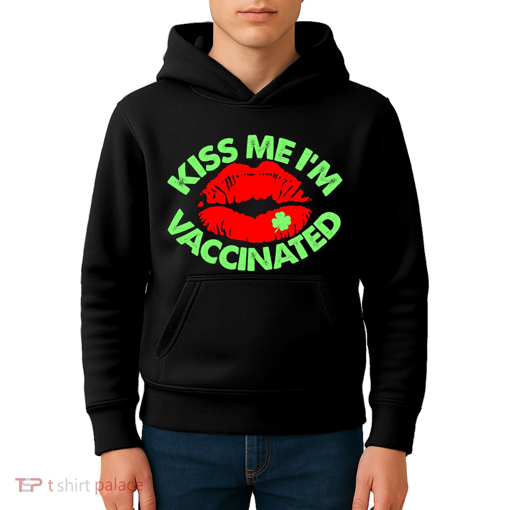 St Patrick's Day Kiss Me I'm Vaccinated Lipstick Shamrock Kids Hoodie