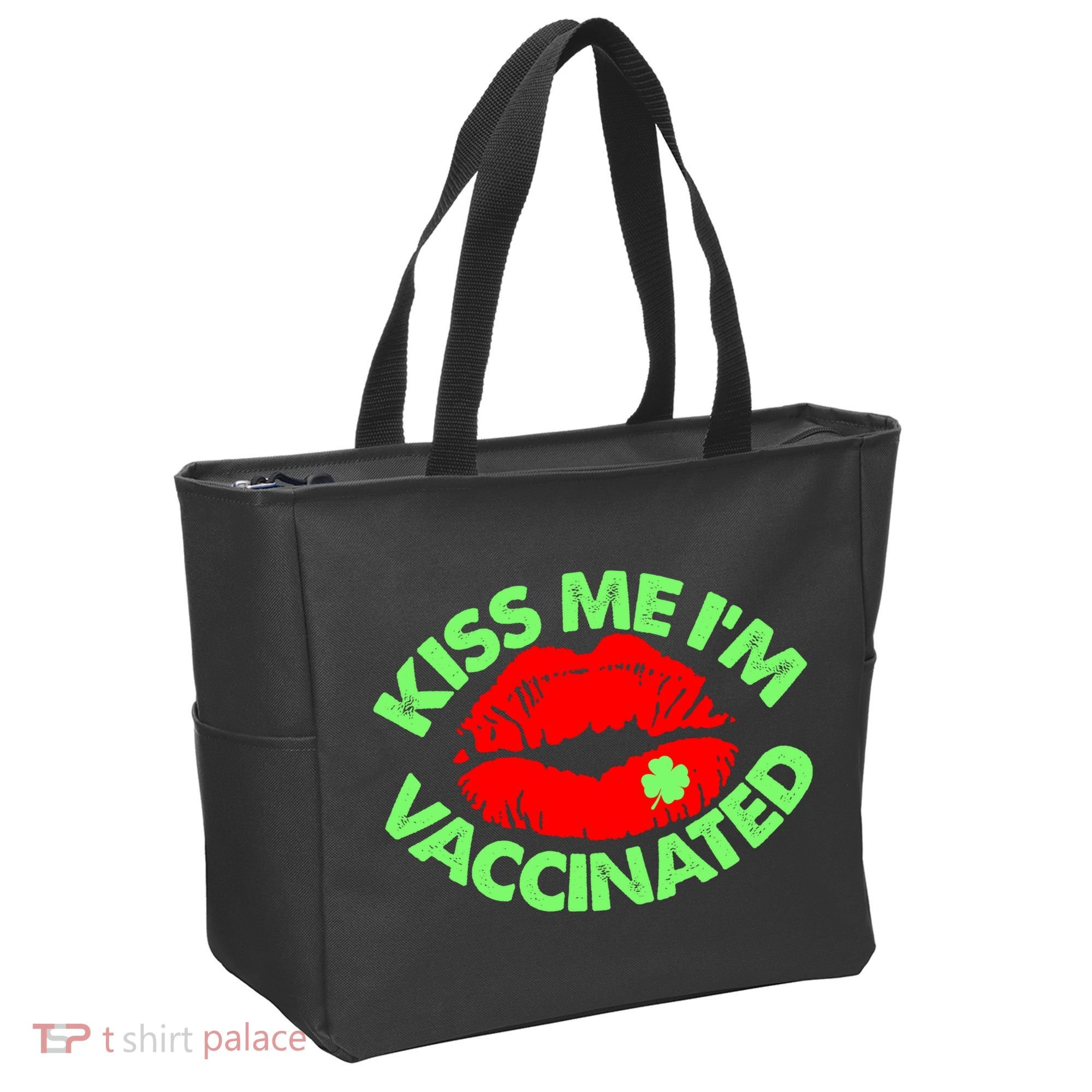 St Patrick's Day Kiss Me I'm Vaccinated Lipstick Shamrock Tote Bag