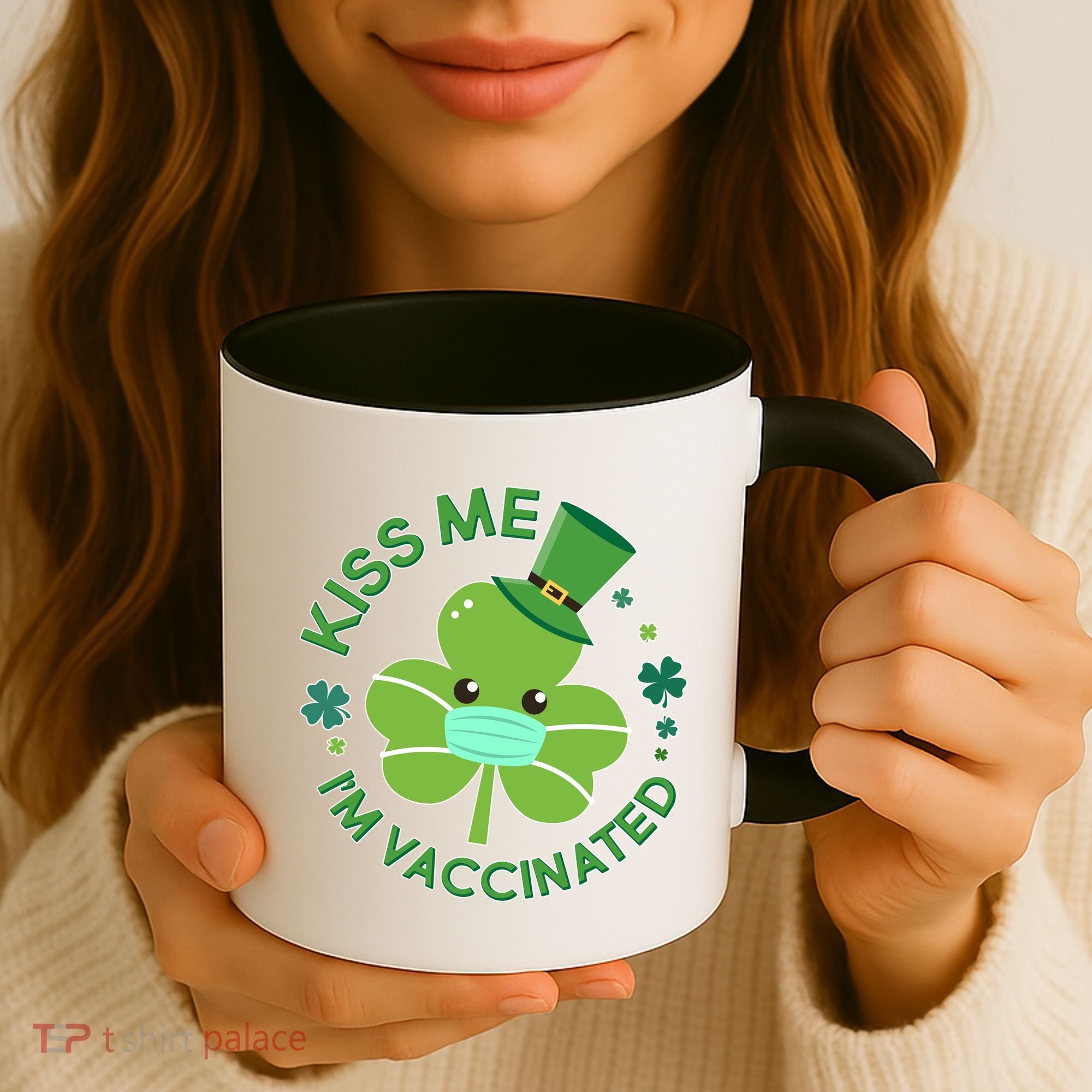 St Patrick's Day Kiss Me I'm Vaccinated Shamrock Coffee Mug