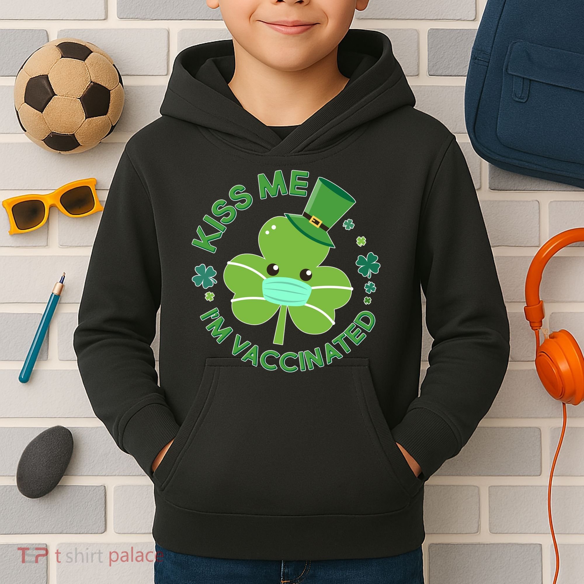 St Patrick's Day Kiss Me I'm Vaccinated Shamrock Kids Hoodie