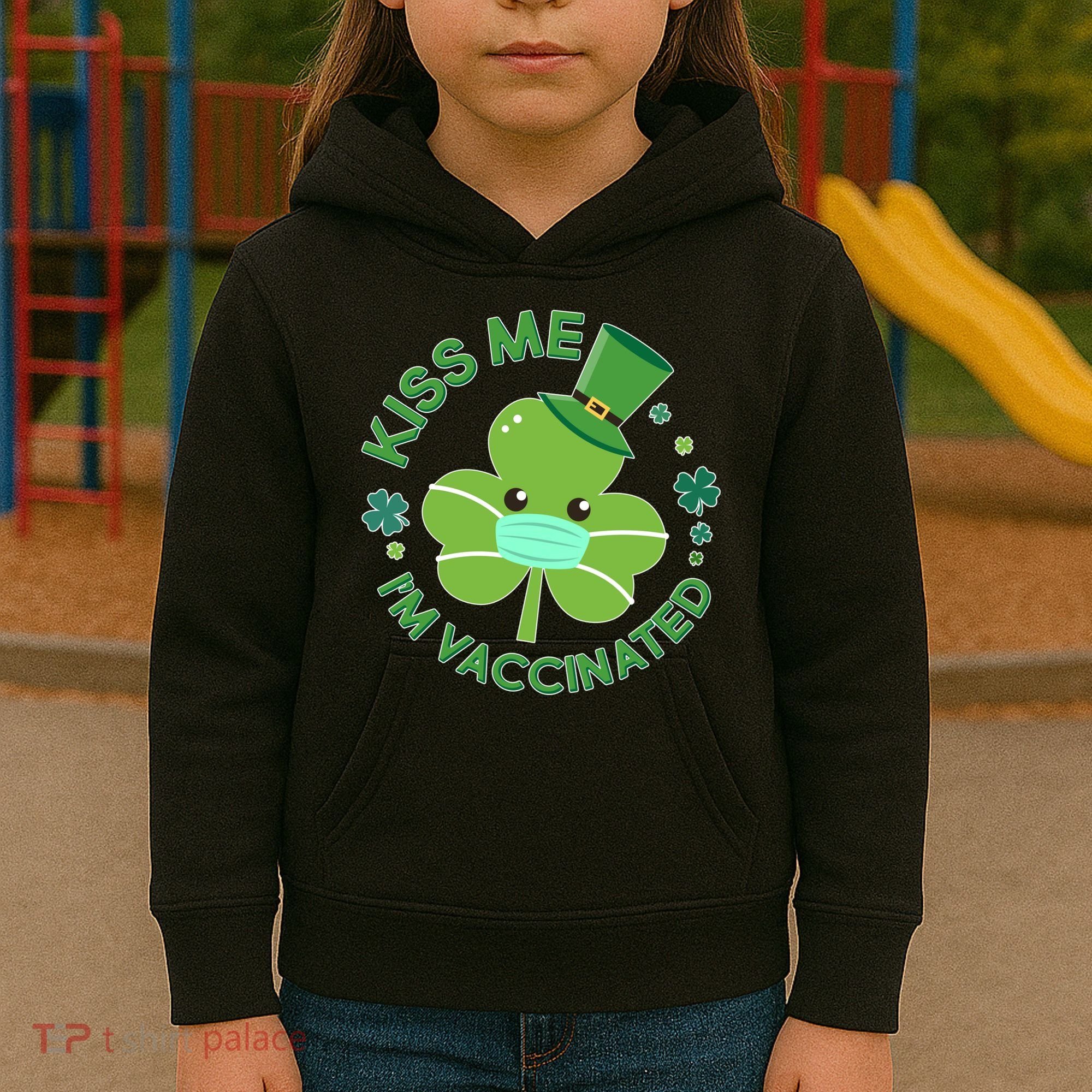 St Patrick's Day Kiss Me I'm Vaccinated Shamrock Kids Hoodie
