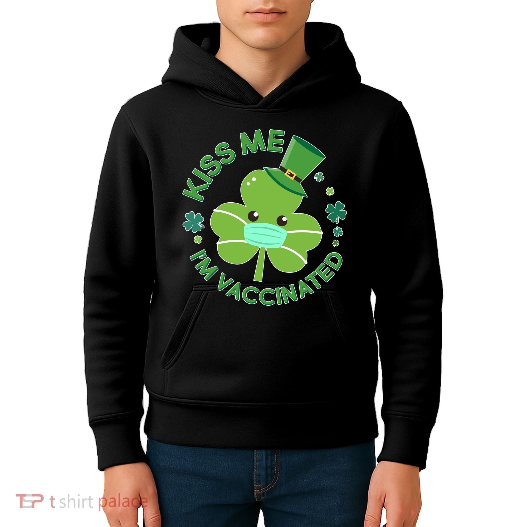 St Patrick's Day Kiss Me I'm Vaccinated Shamrock Kids Hoodie