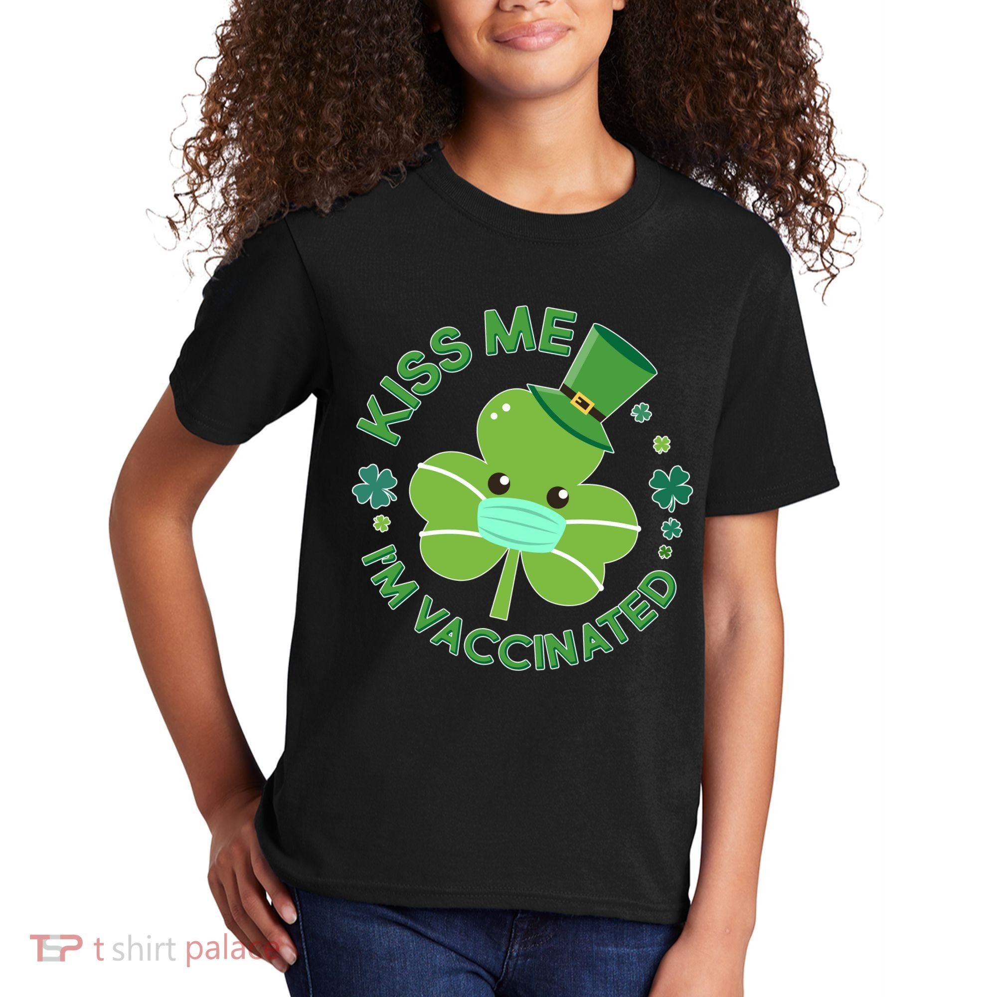 St Patrick's Day Kiss Me I'm Vaccinated Shamrock Kids T-Shirt