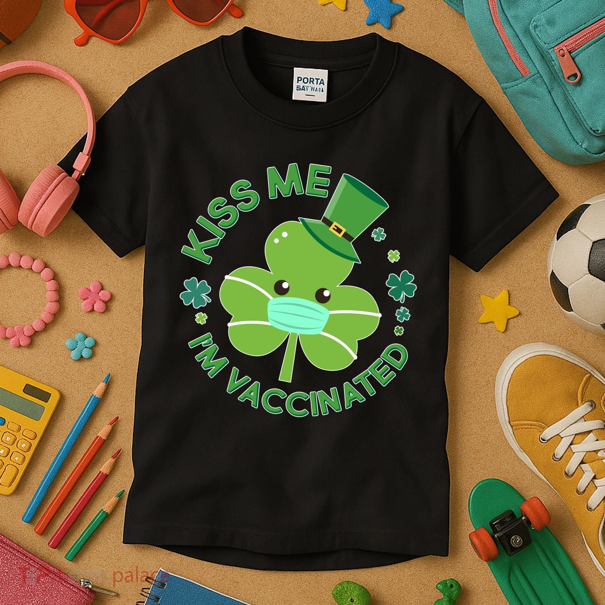 St Patrick's Day Kiss Me I'm Vaccinated Shamrock Kids T-Shirt