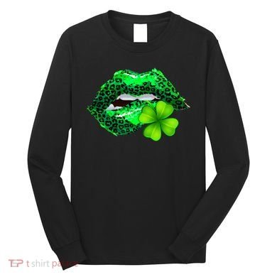 St Patrick's Day Leopard Print Lipstick Shamrock Long Sleeve Shirt