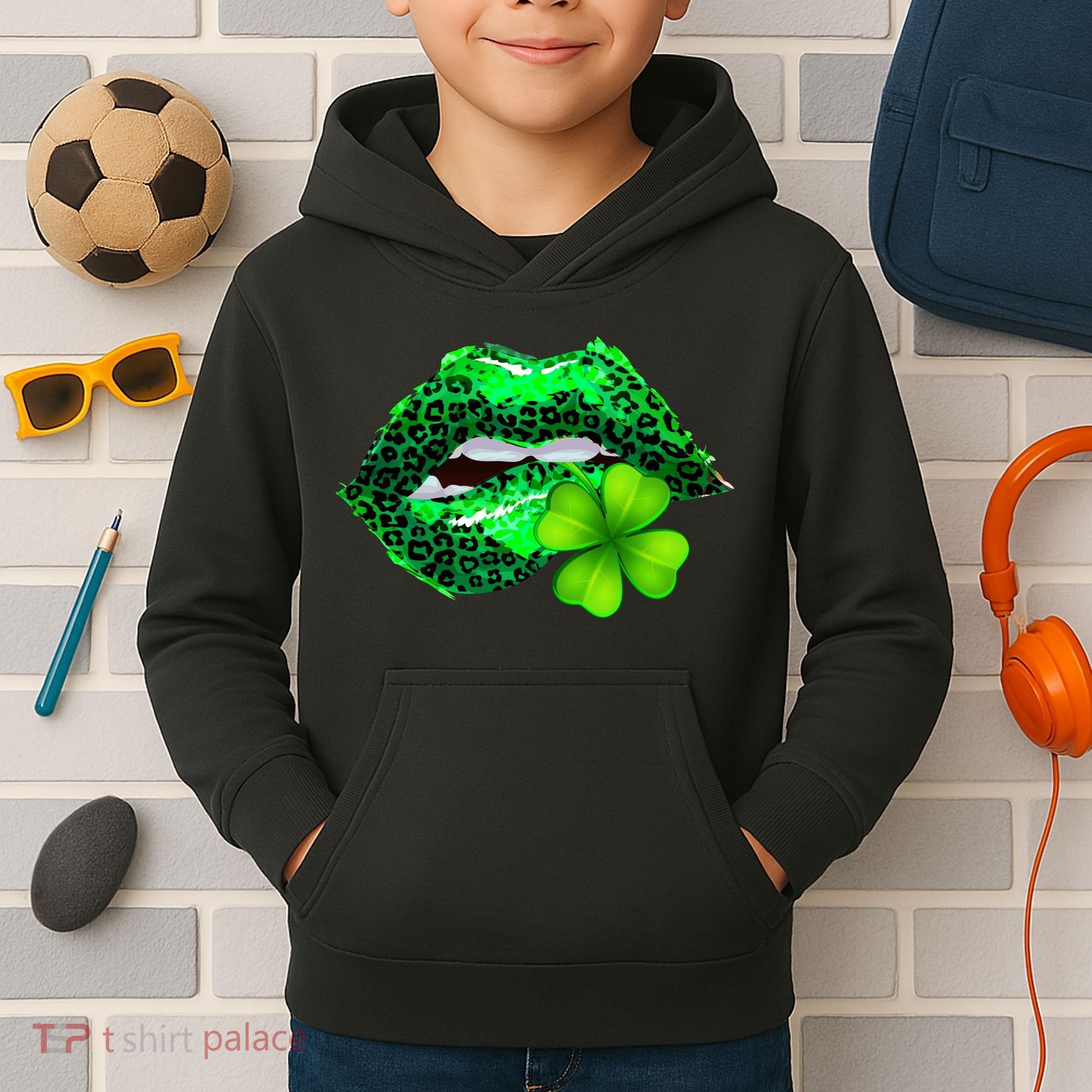 St Patrick's Day Leopard Print Lipstick Shamrock Kids Hoodie